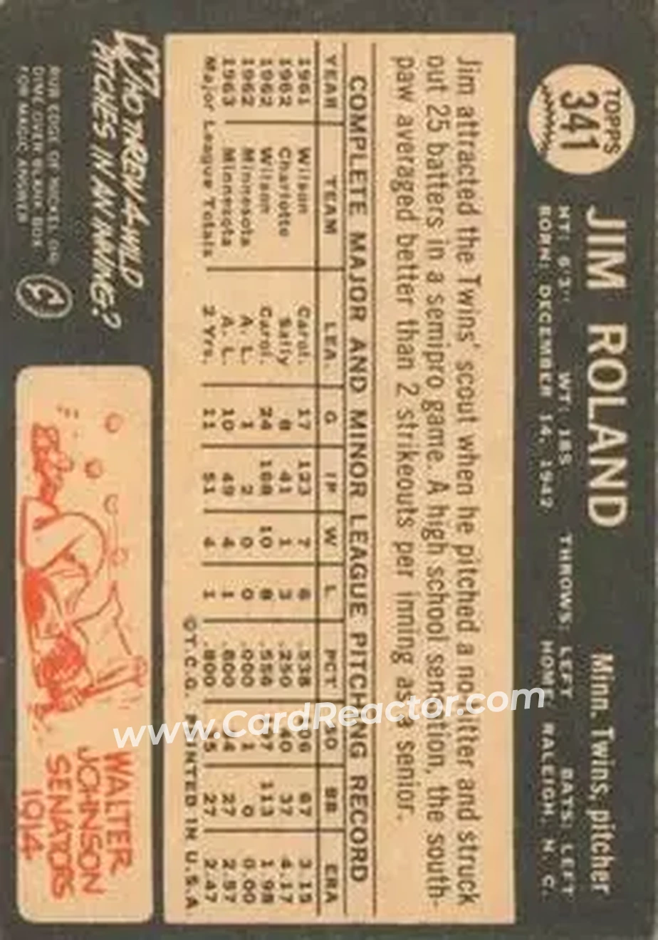 1964 Topps Venezuelan #341 - Jim Roland - Minnesota Twins - Back