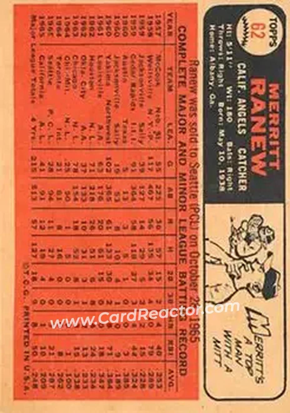 1966 Topps Venezuelan #62 - Merritt Ranew - California Angels - Back 1966 Topps Venezuelan #62 - Merritt Ranew - California Angels - Back