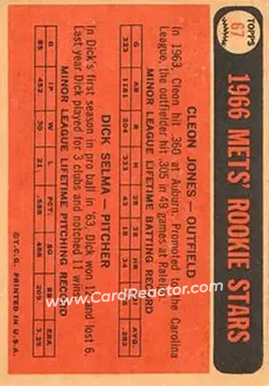 1966 Topps Venezuelan #67 - Mets 1966 Rookie Stars (Cleon Jones - Dick Selma) RS, RC - New York Mets - New York Mets - Back