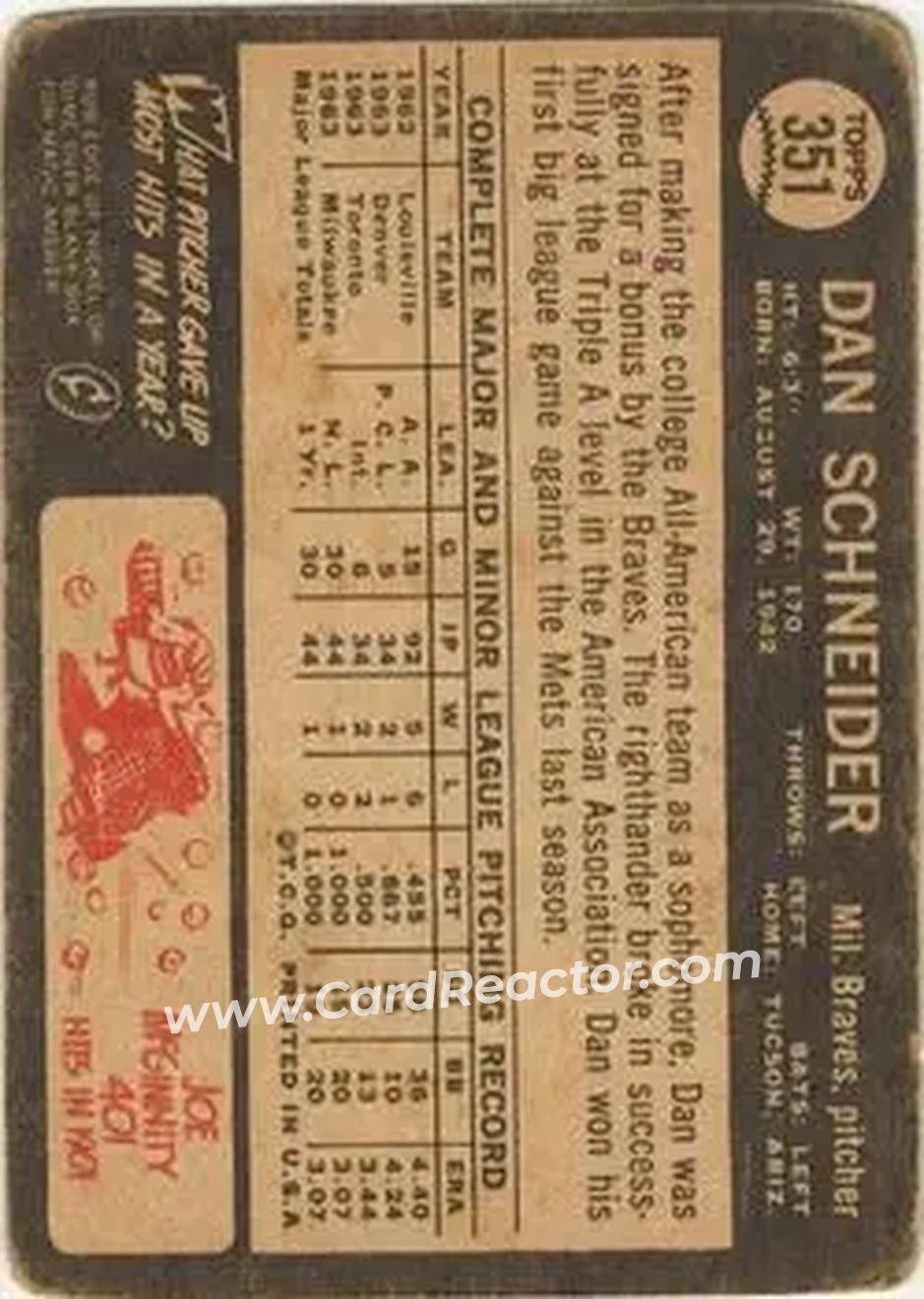 1964 Topps Venezuelan #351 - Dan Schneider - Milwaukee Braves - Back