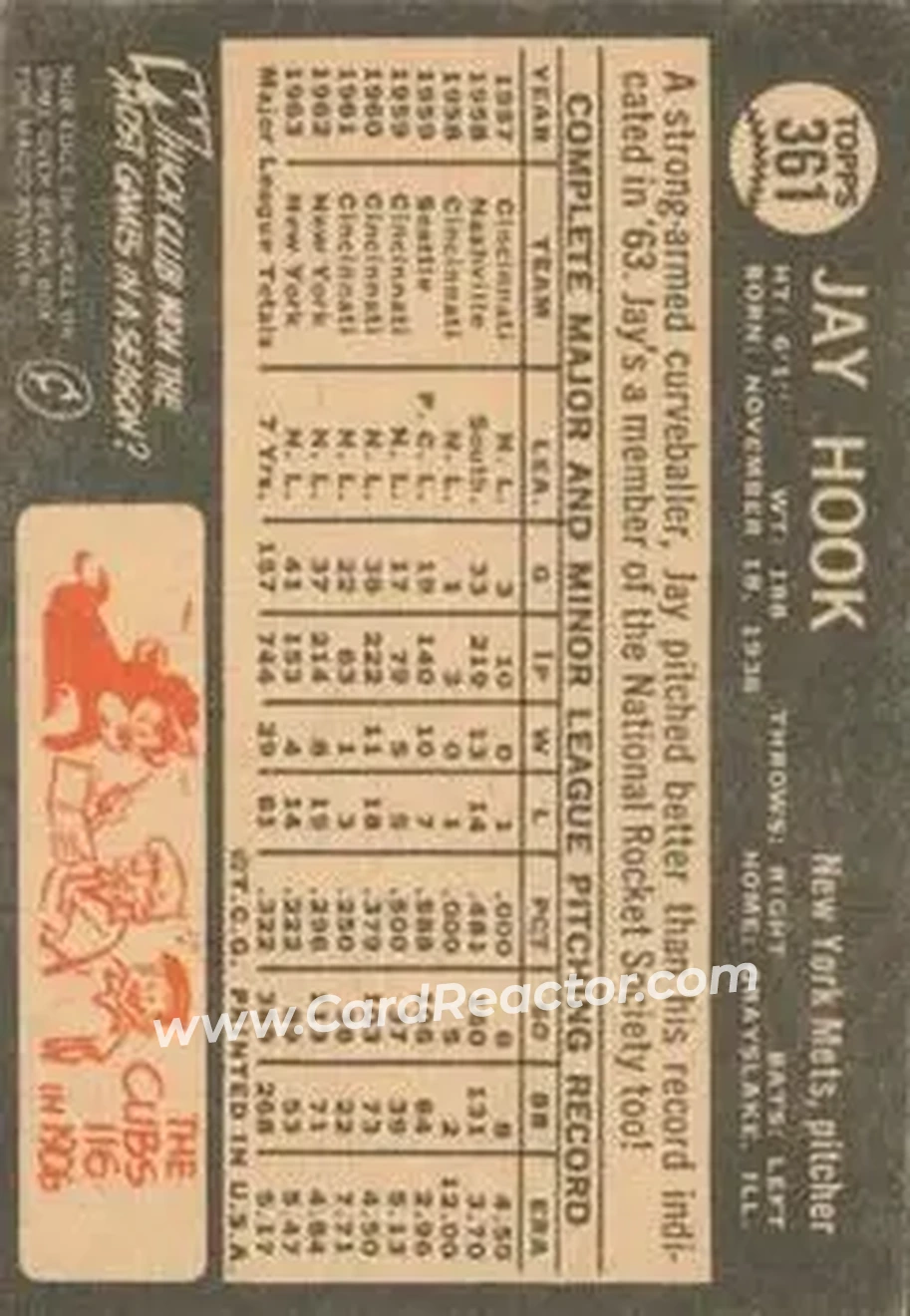 1964 Topps Venezuelan #361 - Jay Hook - New York Mets - Back 1964 Topps Venezuelan #361 - Jay Hook - New York Mets - Back