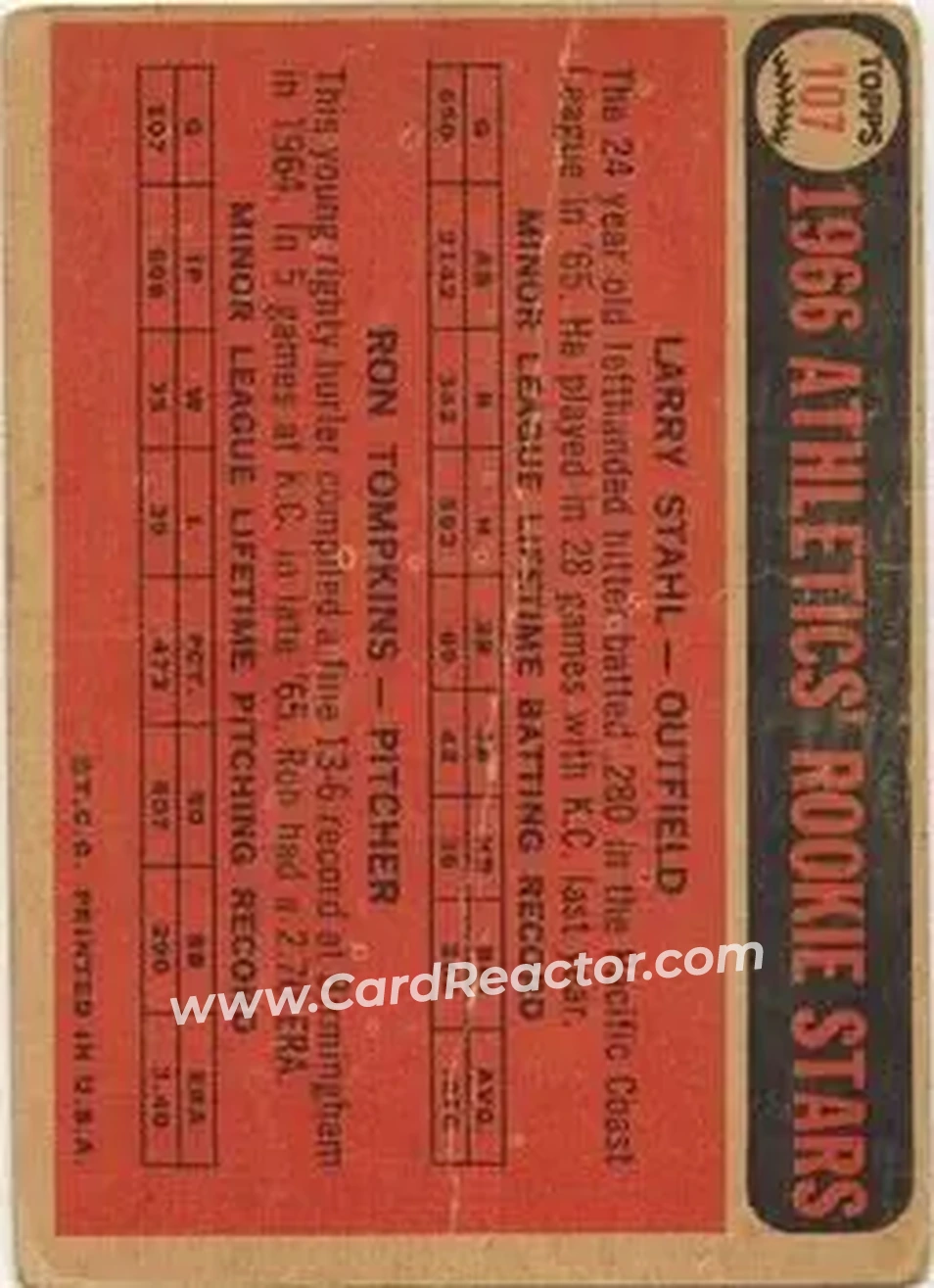 1966 Topps Venezuelan #107 - Athletics 1966 Rookie Stars (Larry Stahl - Ron Tompkins) RS - Kansas City Athletics - Kansas City Athletics - Back