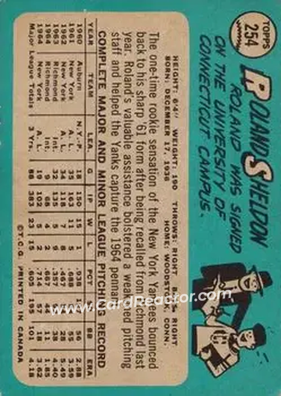 1965 O-Pee-Chee #254 - Roland Sheldon - New York Yankees - Back