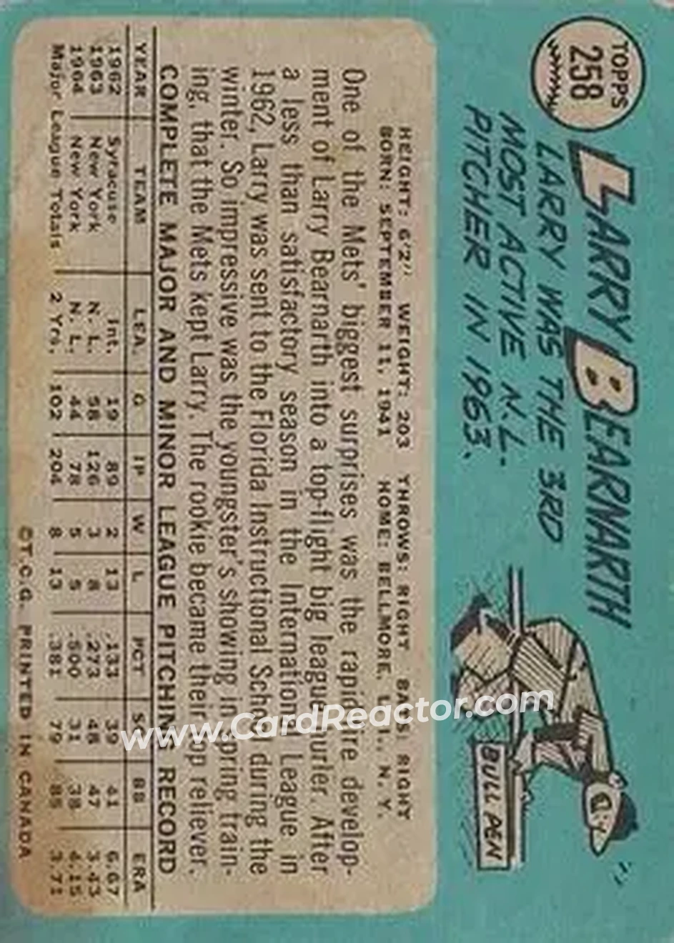 1965 O-Pee-Chee #258 - Larry Bearnarth - New York Mets - Back 1965 O-Pee-Chee #258 - Larry Bearnarth - New York Mets - Back