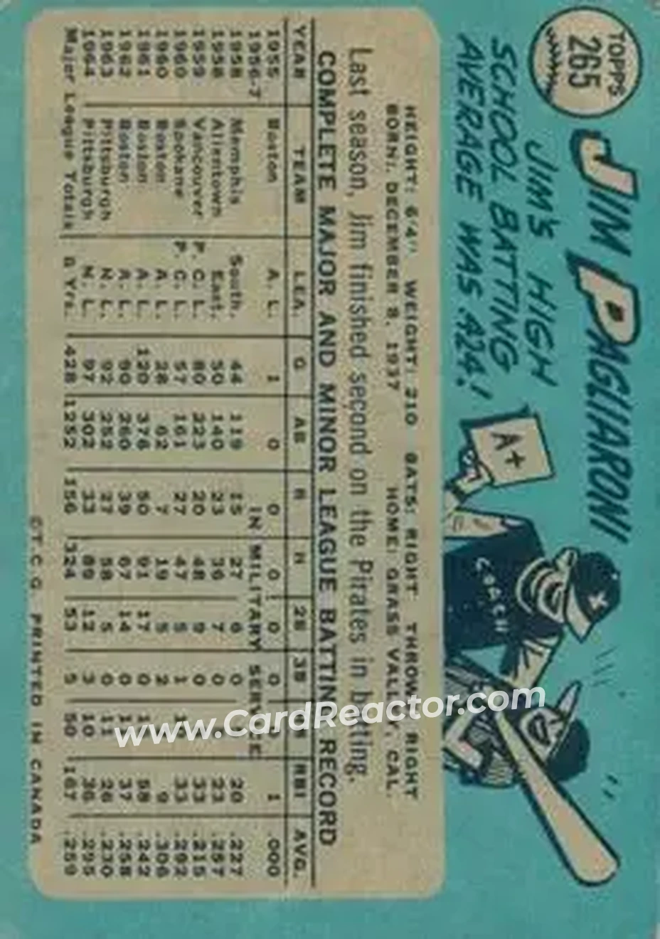 1965 O-Pee-Chee #265 - Jim Pagliaroni - Pittsburgh Pirates - Back