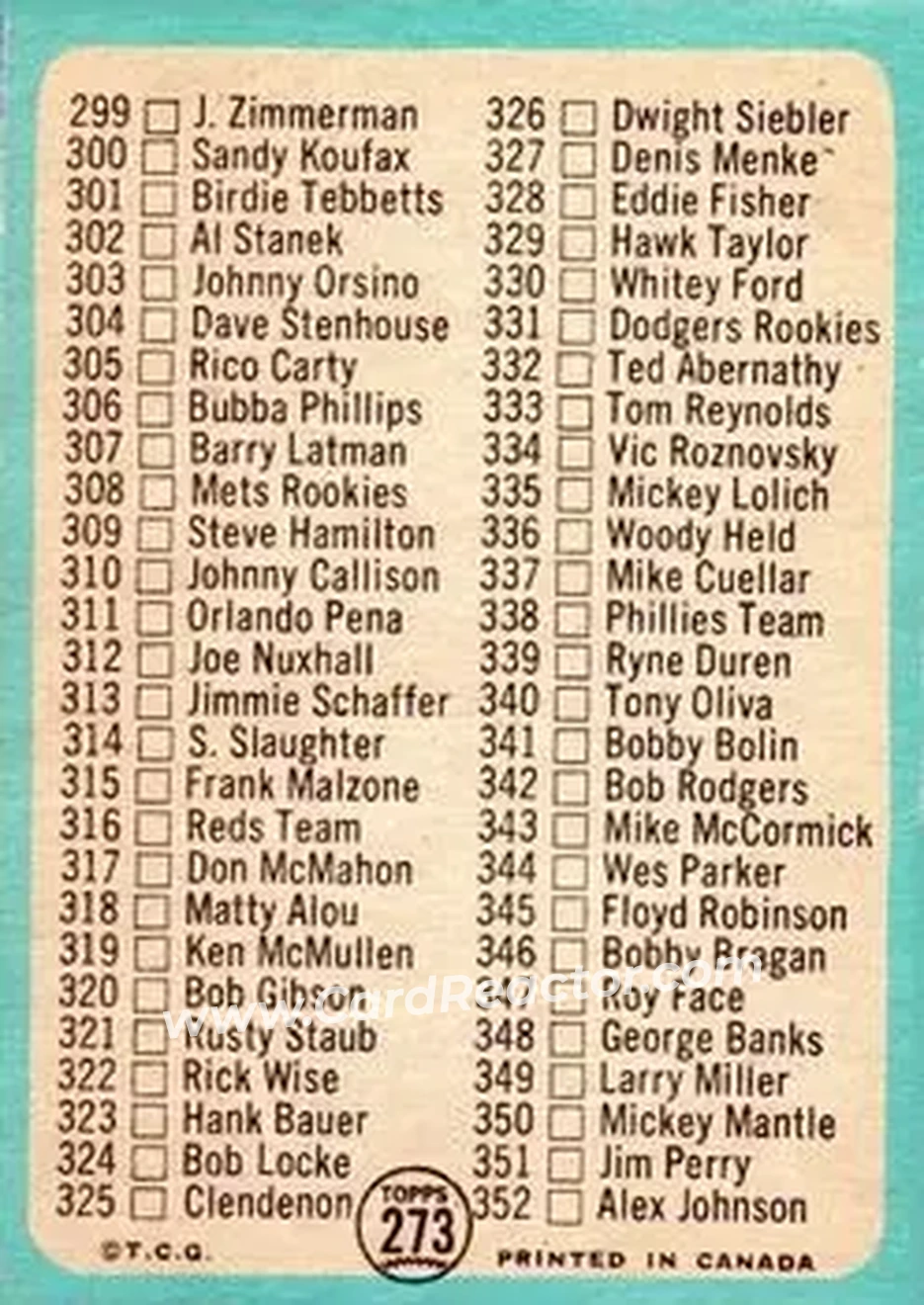 1965 O-Pee-Chee #273 - Checklist 265-352 CL - Back