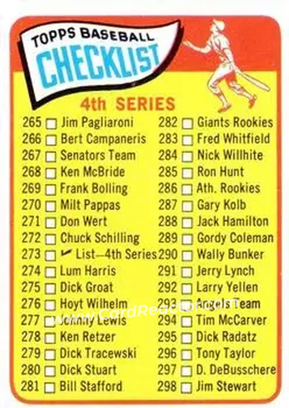 1965 O-Pee-Chee #273 - Checklist 265-352 CL - Front