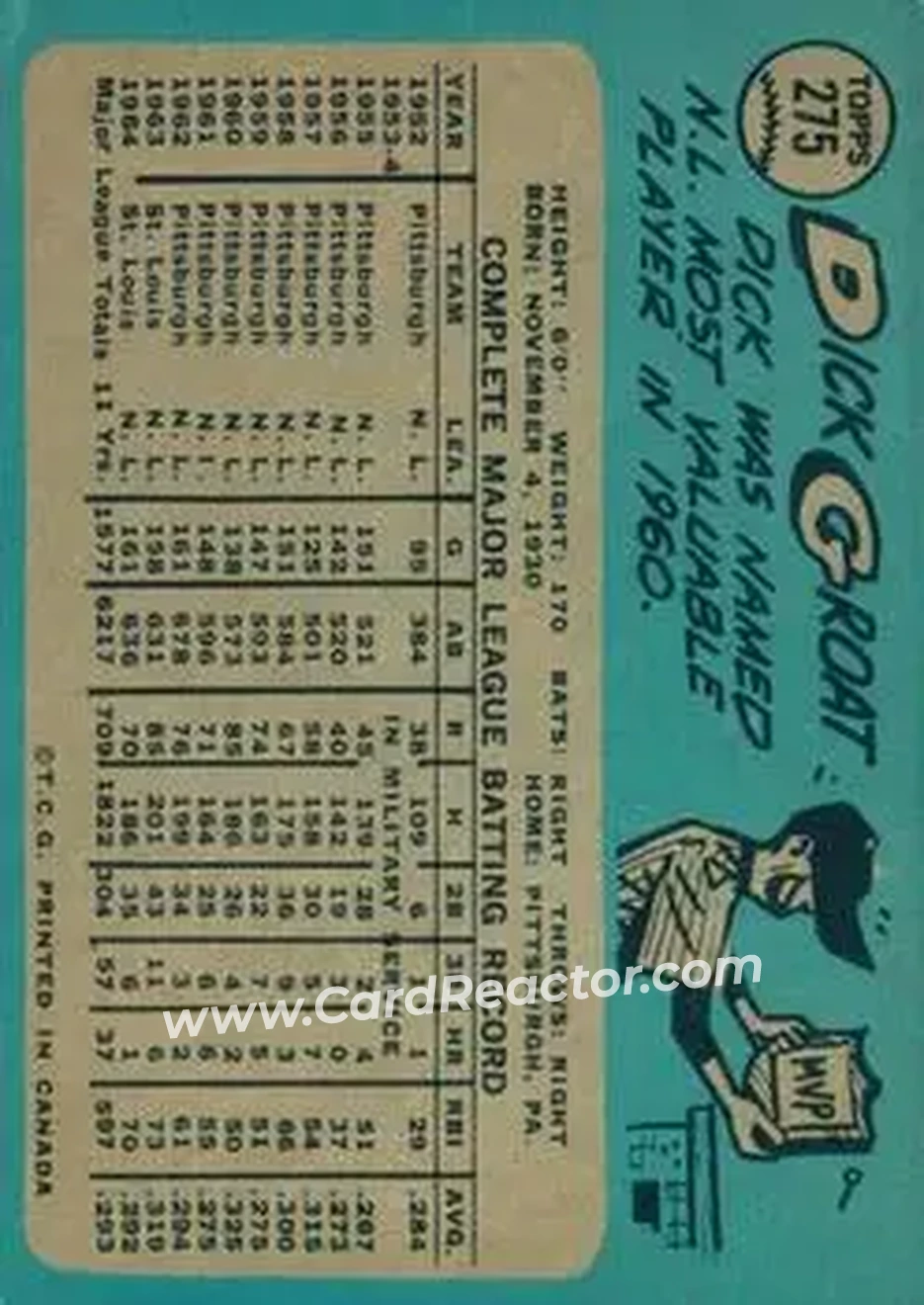 1965 O-Pee-Chee #275 - Dick Groat - St. Louis Cardinals - Back 1965 O-Pee-Chee #275 - Dick Groat - St. Louis Cardinals - Back