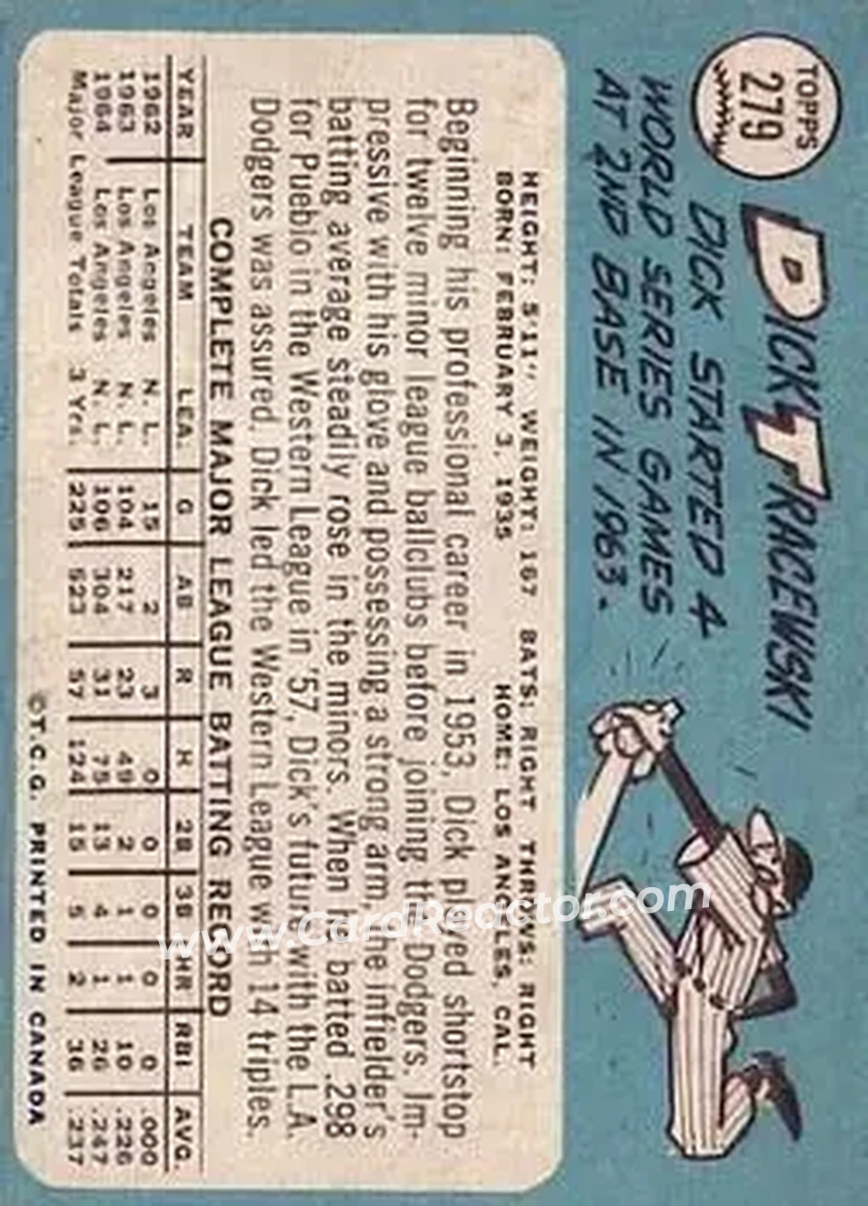 1965 O-Pee-Chee #279 - Dick Tracewski - Los Angeles Dodgers - Back 1965 O-Pee-Chee #279 - Dick Tracewski - Los Angeles Dodgers - Back