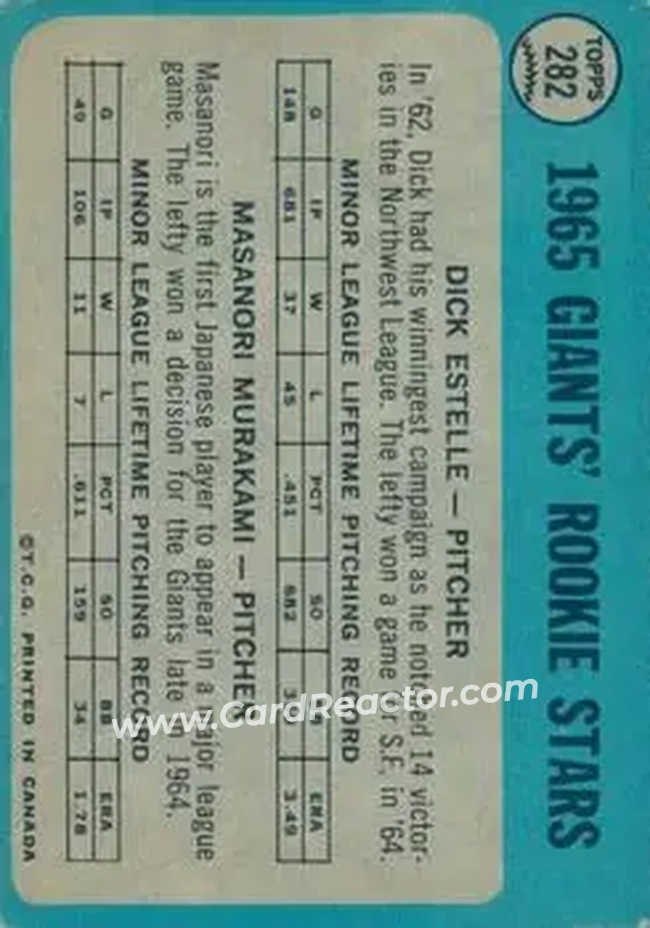 1965 O-Pee-Chee #282 - Giants 1965 Rookie Stars (Dick Estelle - Masanori Murakami) RS, RC - San Francisco Giants - San Francisco Giants - Back 1965 O-Pee-Chee #282 - Giants 1965 Rookie Stars (Dick Estelle - Masanori Murakami) RS, RC - San Francisco Giants - San Francisco Giants - Back
