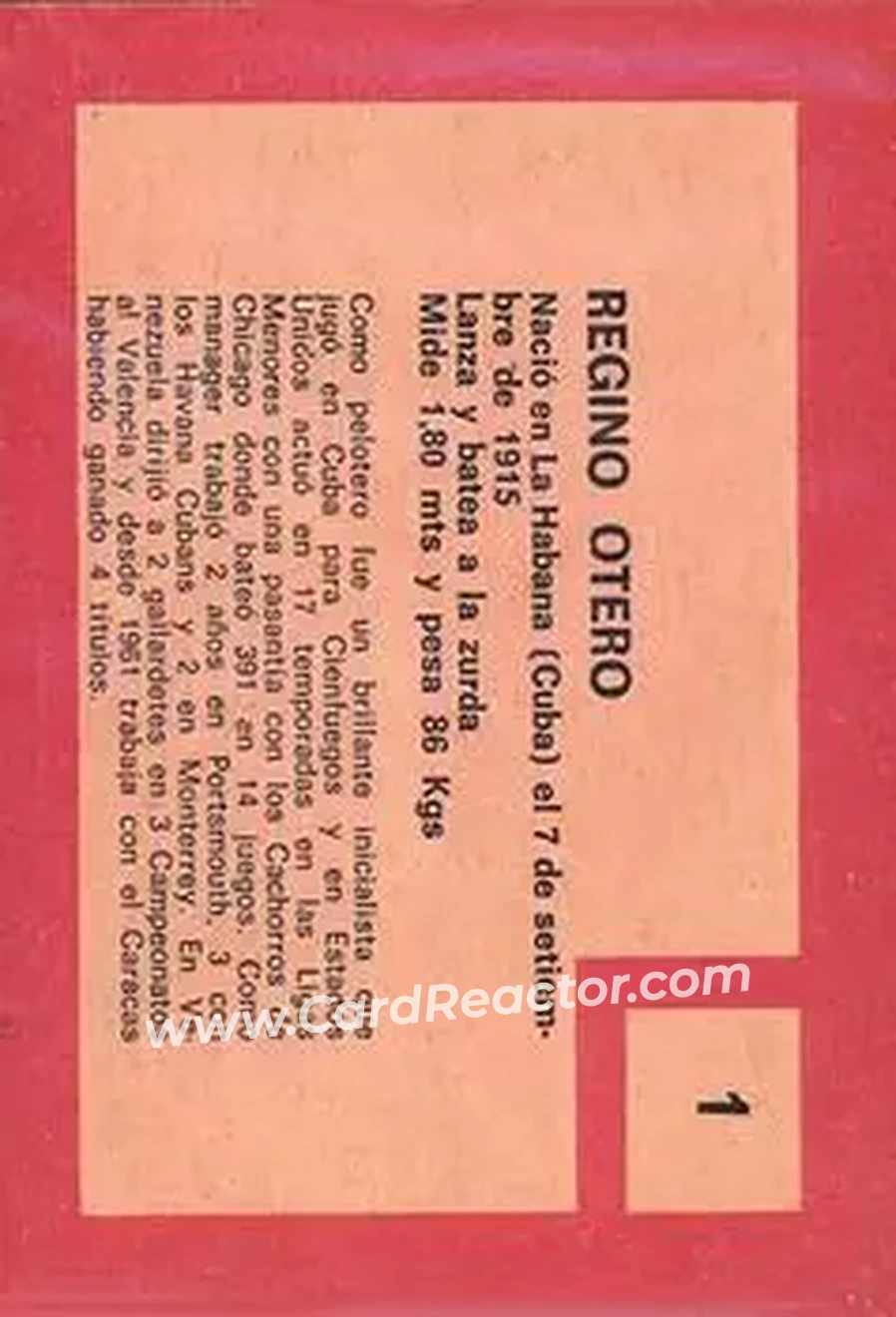 1967 Topps Venezuelan #1 - Regino Otero - Leones del Caracas - Back