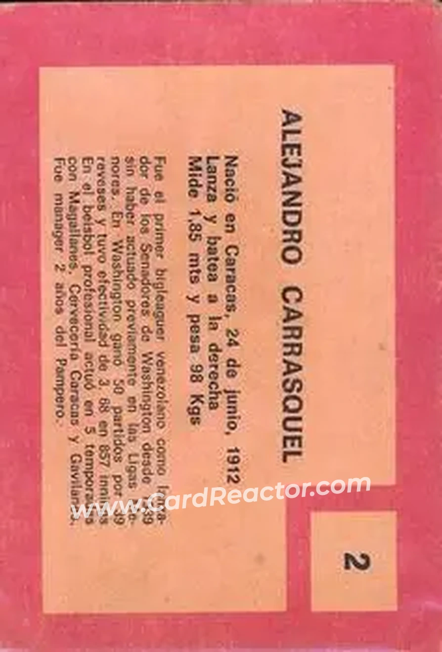 1967 Topps Venezuelan #2 - Alejandro Carrasquel - Leones del Caracas - Back 1967 Topps Venezuelan #2 - Alejandro Carrasquel - Leones del Caracas - Back