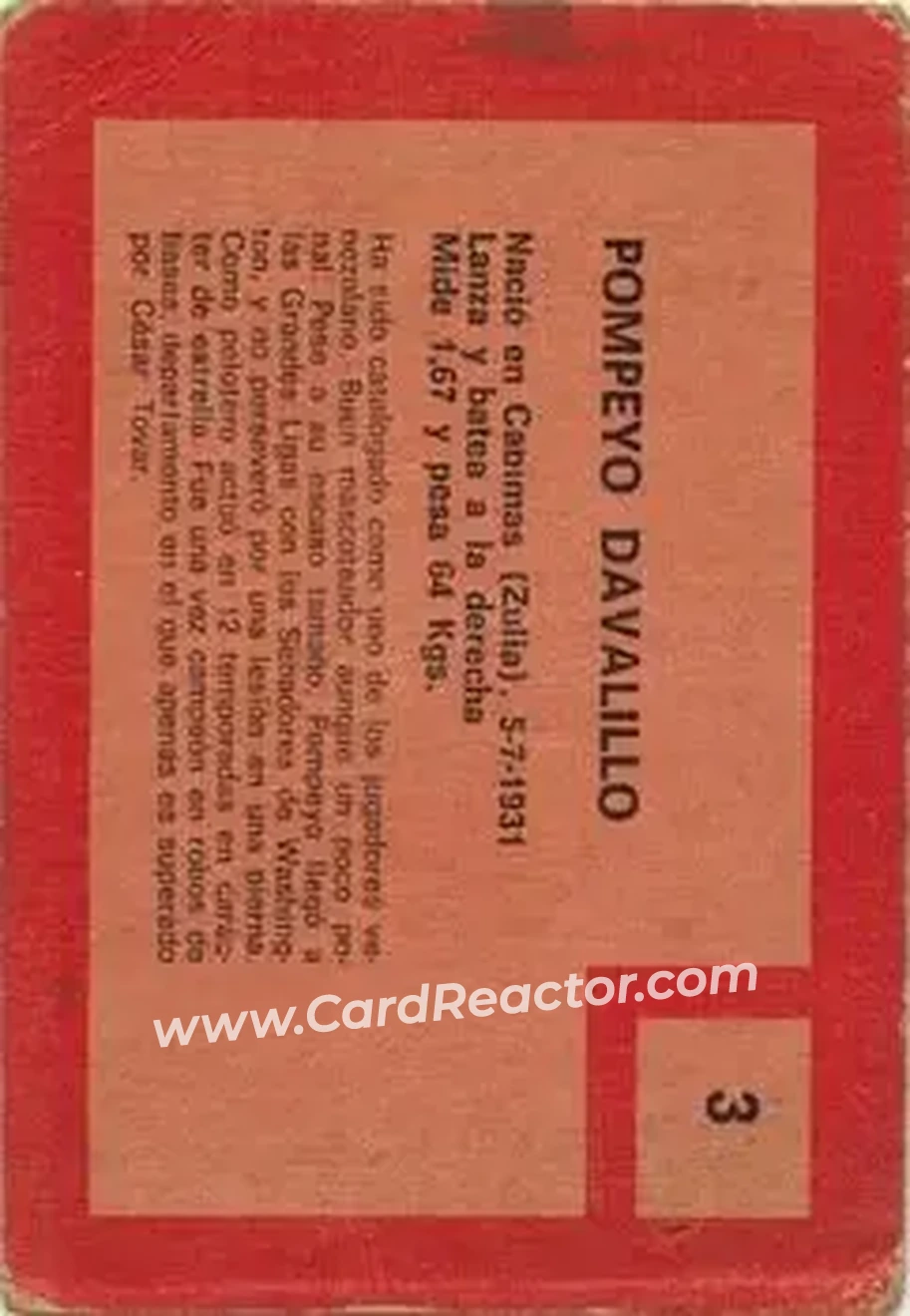1967 Topps Venezuelan #3 - Pompeyo Davalillo - Leones del Caracas - Back 1967 Topps Venezuelan #3 - Pompeyo Davalillo - Leones del Caracas - Back