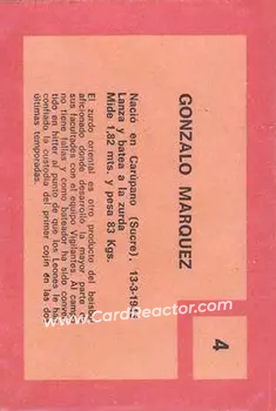 1967 Topps Venezuelan #4 - Gonzalo Marquez - Leones del Caracas - Back
