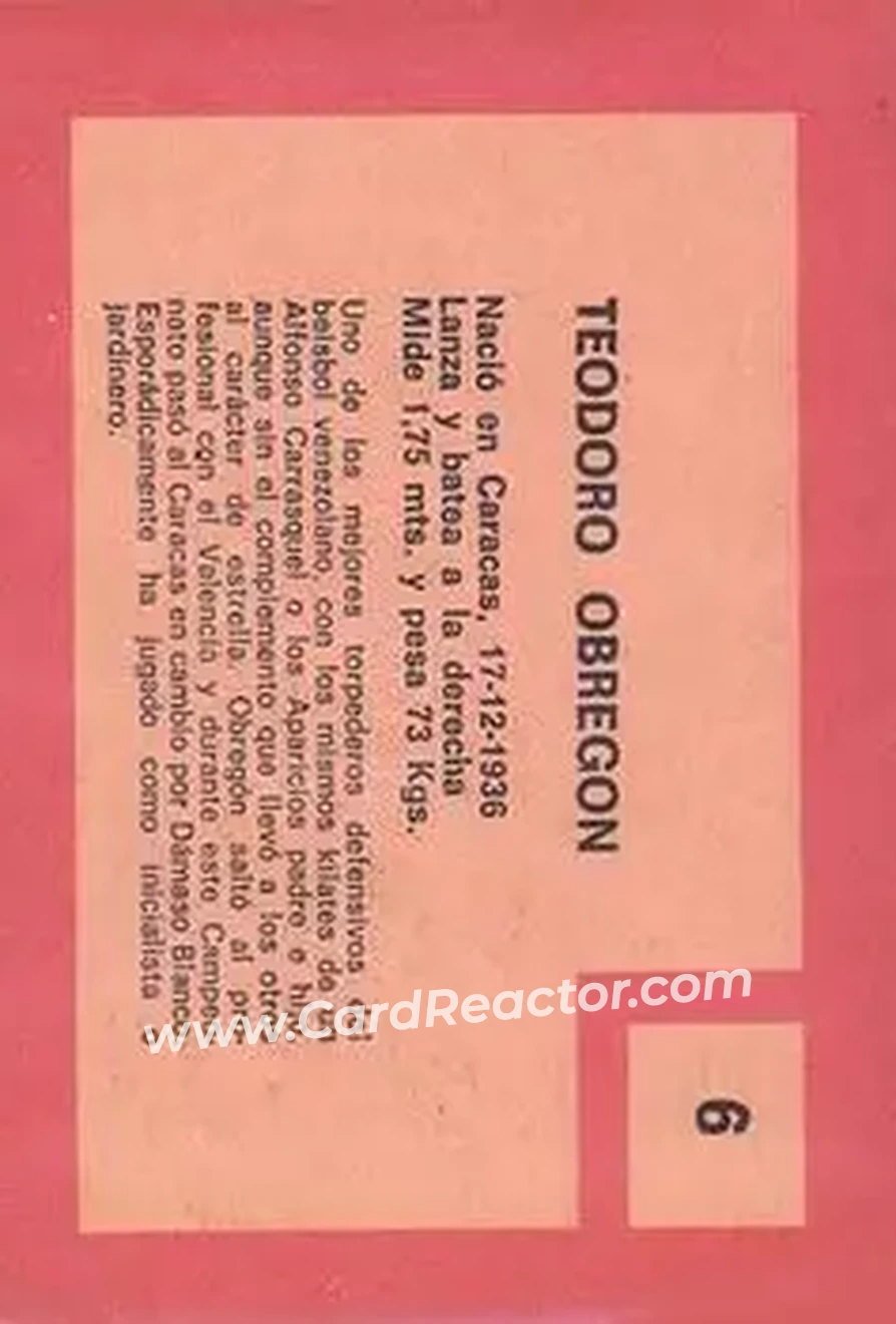 1967 Topps Venezuelan #6 - Teodoro Obregon - Leones del Caracas - Back