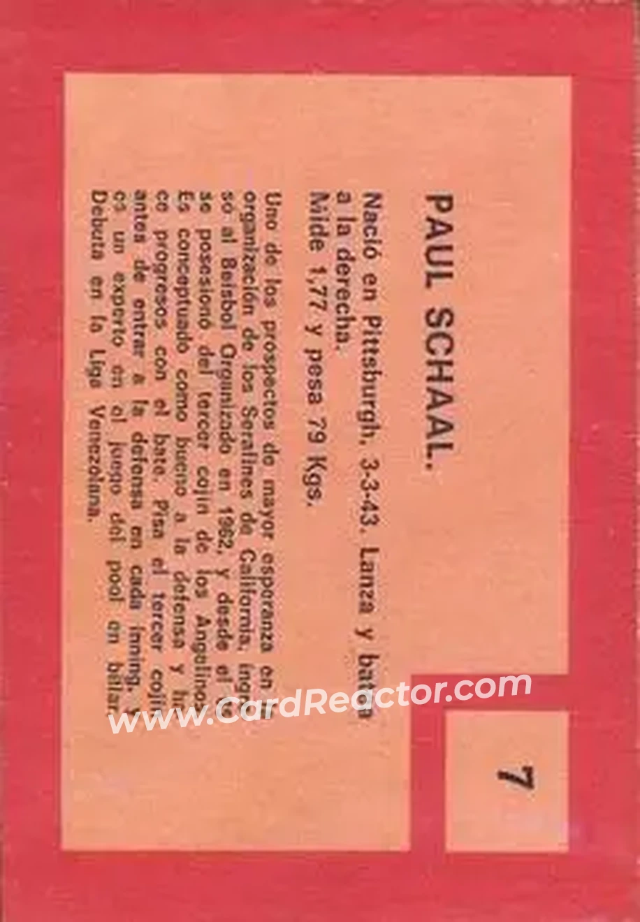 1967 Topps Venezuelan #7 - Paul Schaal - Leones del Caracas - Back