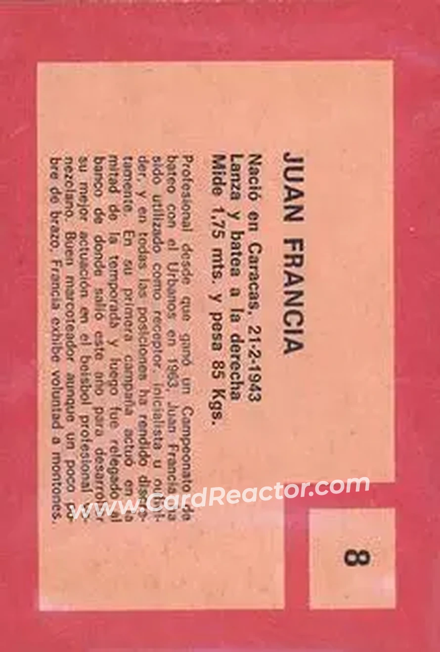 1967 Topps Venezuelan #8 - Juan Francia - Leones del Caracas - Back