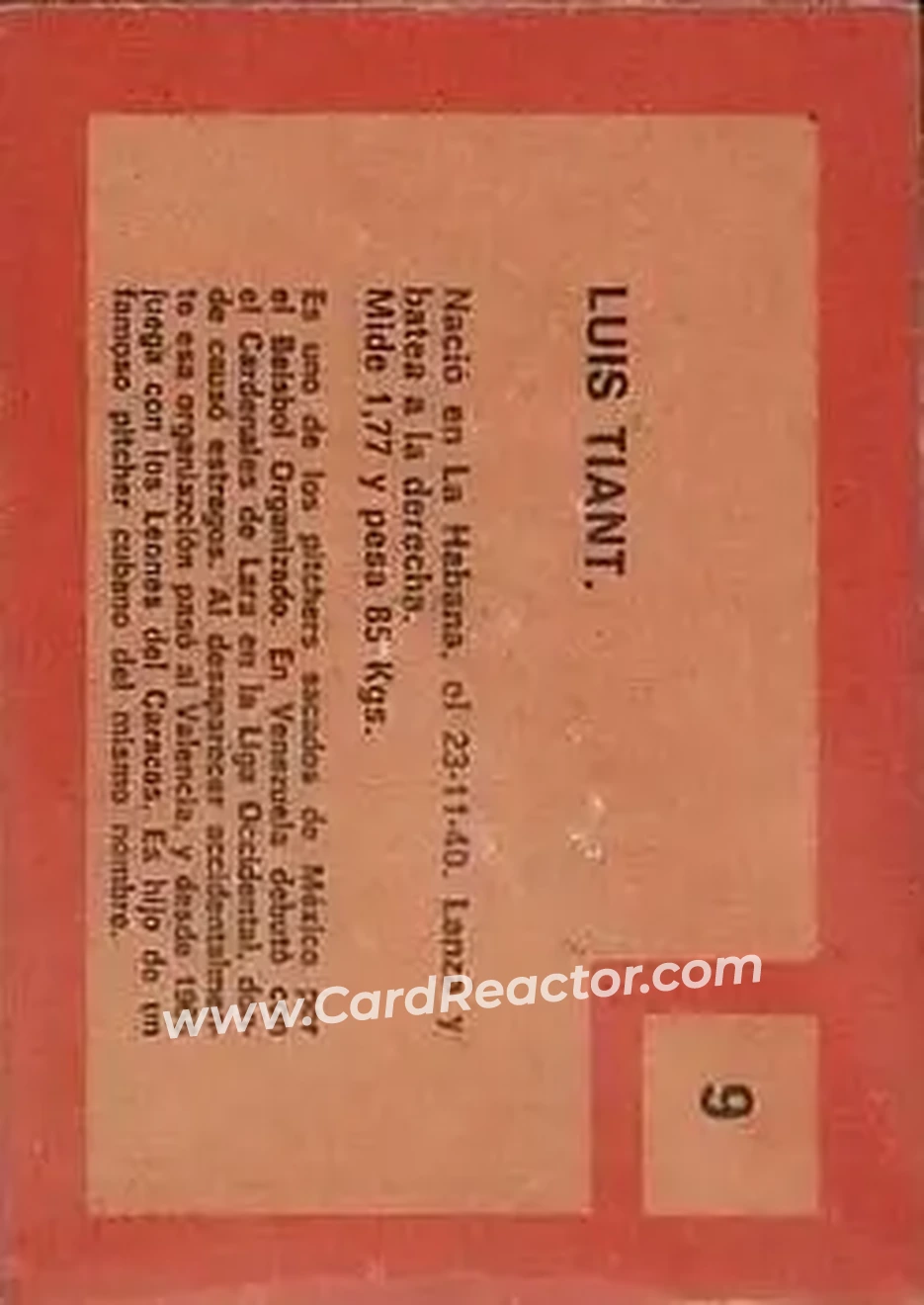 1967 Topps Venezuelan #9 - Luis Tiant - Leones del Caracas - Back