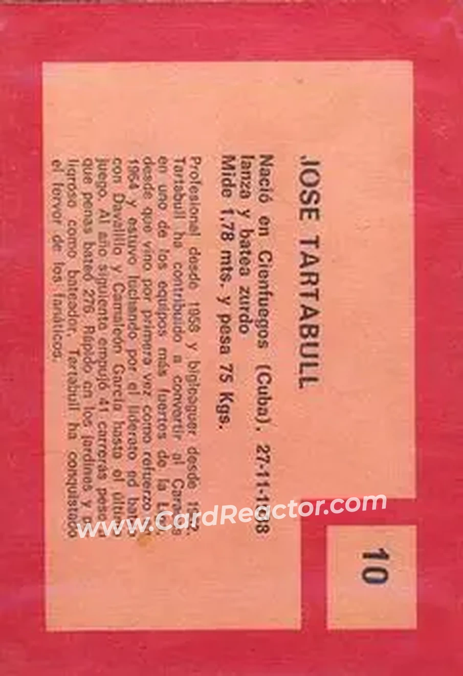1967 Topps Venezuelan #10 - Jose Tartabull - Leones del Caracas - Back