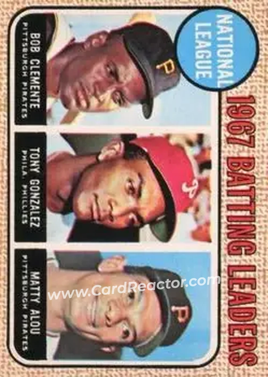 1968 O-Pee-Chee #1 - National League 1967 Batting Leaders (Bob Clemente - Tony Gonzalez - Matty Alou) LL - Pittsburgh Pirates - Philadelphia Phillies - Front 1968 O-Pee-Chee #1 - National League 1967 Batting Leaders (Bob Clemente - Tony Gonzalez - Matty Alou) LL - Pittsburgh Pirates - Philadelphia Phillies - Front