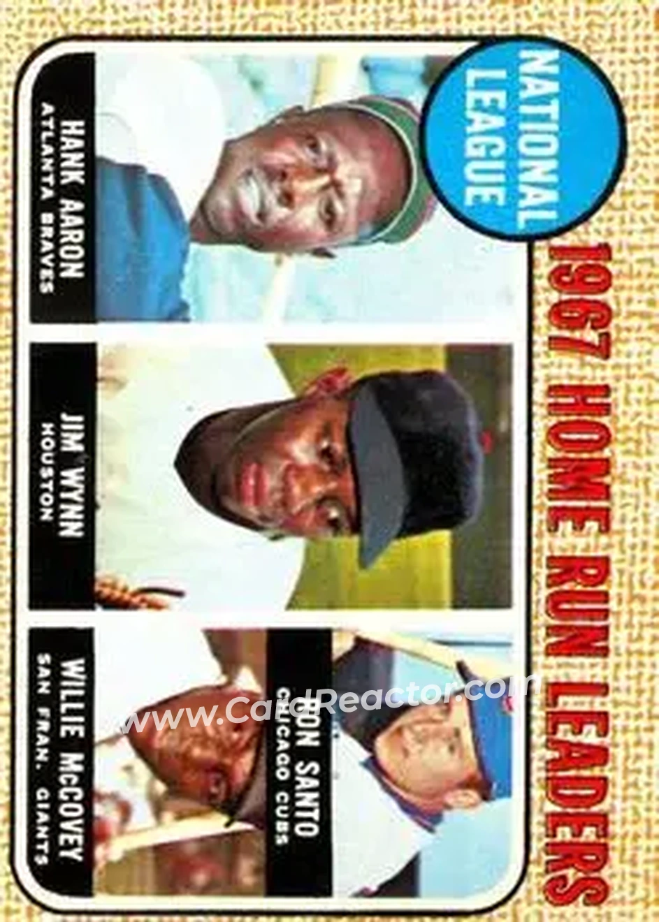 1968 O-Pee-Chee #5 - National League 1967 Home Run Leaders (Hank Aaron - Jim Wynn - Ron Santo - Willie McCovey) LL - Atlanta Braves - Houston Astros - Chicago Cubs - San Francisco Giants - Front