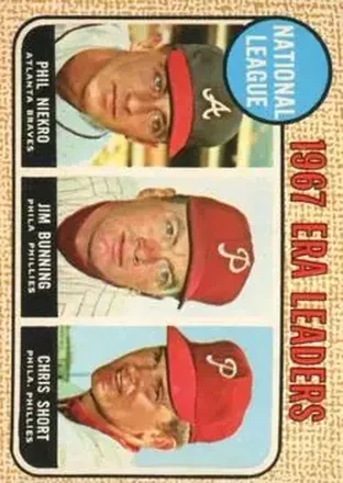 1968 O-Pee-Chee #7 - National League 1967 ERA Leaders (Phil Niekro - Jim Bunning - Chris Short) LL - Atlanta Braves - Philadelphia Phillies