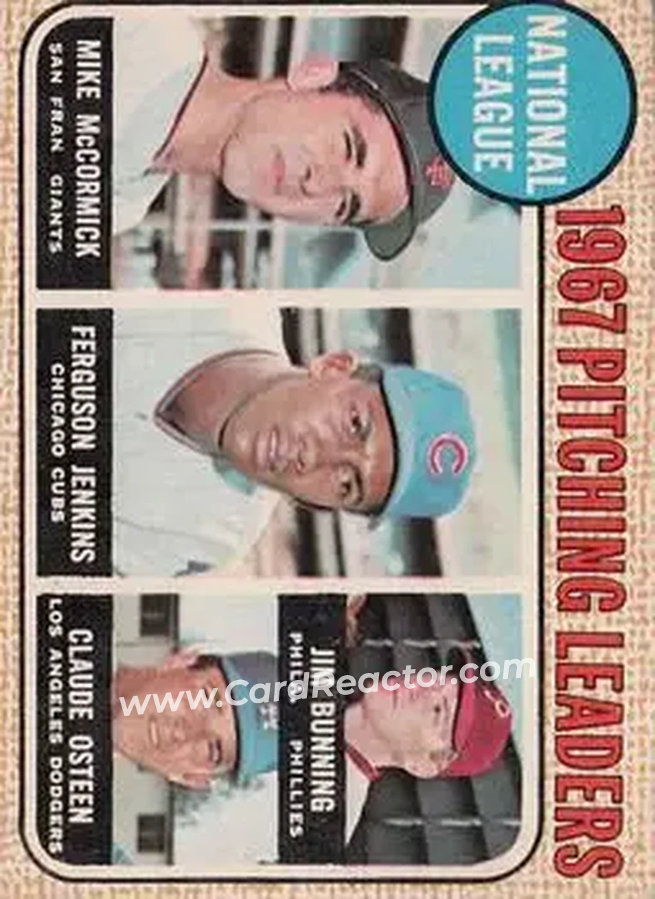 1968 O-Pee-Chee #9 - National League 1967 Pitching Leaders (Mike McCormick - Ferguson Jenkins - Jim Bunning - Claude Osteen) LL - San Francisco Giants - Chicago Cubs - Philadelphia Phillies - Los Angeles Dodgers - Front