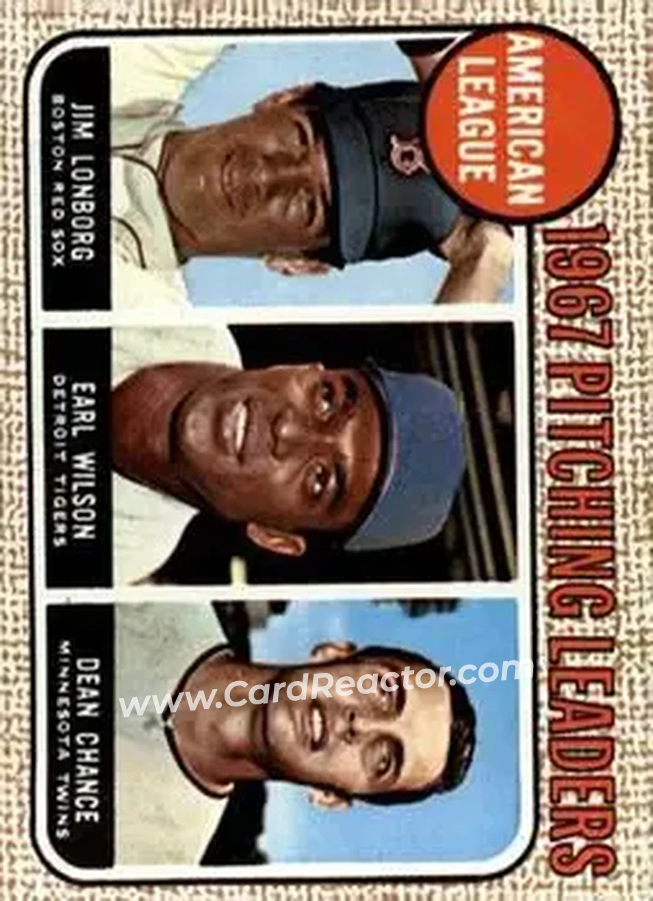 1968 O-Pee-Chee #10 - American League 1967 Pitching Leaders (Jim Lonborg - Earl Wilson - Dean Chance) LL - Boston Red Sox - Detroit Tigers - Minnesota Twins - Front