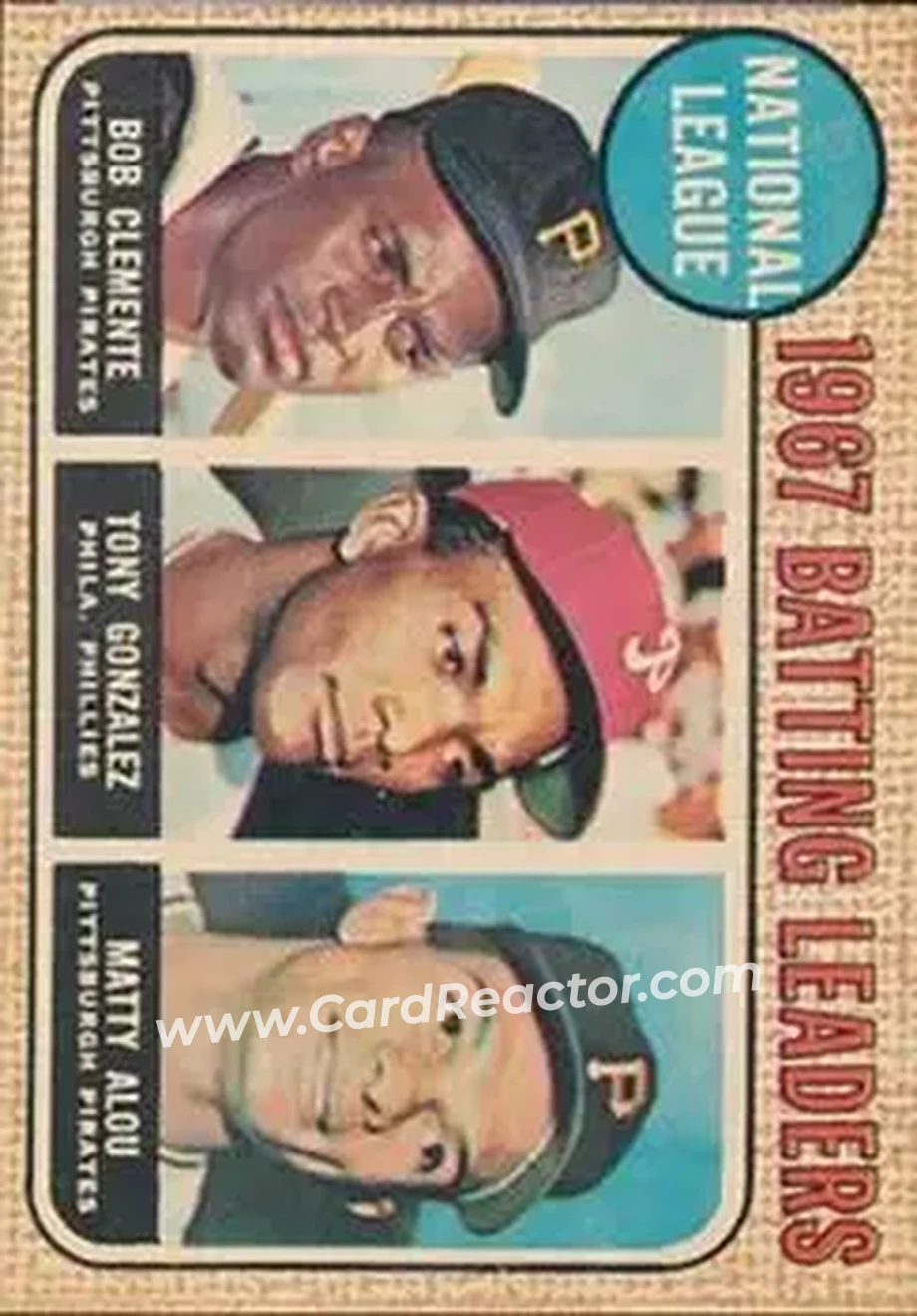 1968 Topps Venezuelan #1 - National League 1967 Batting Leaders (Roberto Clemente - Tony Gonzalez - Matty Alou) LL - Pittsburgh Pirates - Philadelphia Phillies - Front 1968 Topps Venezuelan #1 - National League 1967 Batting Leaders (Roberto Clemente - Tony Gonzalez - Matty Alou) LL - Pittsburgh Pirates - Philadelphia Phillies - Front