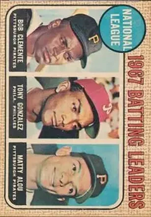 1968 Topps Venezuelan #1 - National League 1967 Batting Leaders (Roberto Clemente - Tony Gonzalez - Matty Alou) LL - Pittsburgh Pirates - Philadelphia Phillies