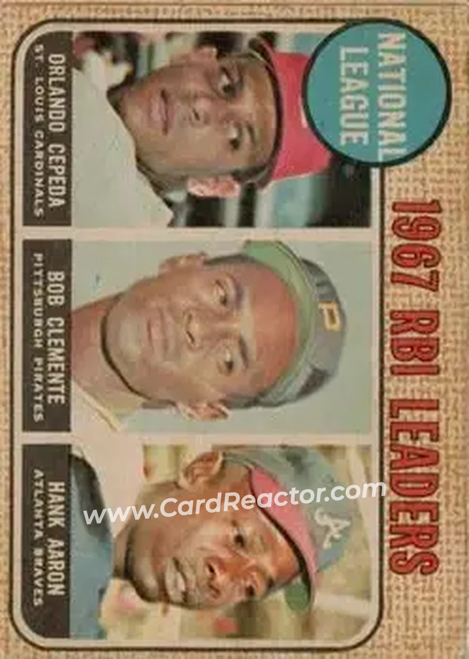 1968 Topps Venezuelan #3 - National League 1967 RBI Leaders (Orlando Cepeda - Roberto Clemente - Hank Aaron) LL - St. Louis Cardinals - Pittsburgh Pirates - Atlanta Braves - Front 1968 Topps Venezuelan #3 - National League 1967 RBI Leaders (Orlando Cepeda - Roberto Clemente - Hank Aaron) LL - St. Louis Cardinals - Pittsburgh Pirates - Atlanta Braves - Front