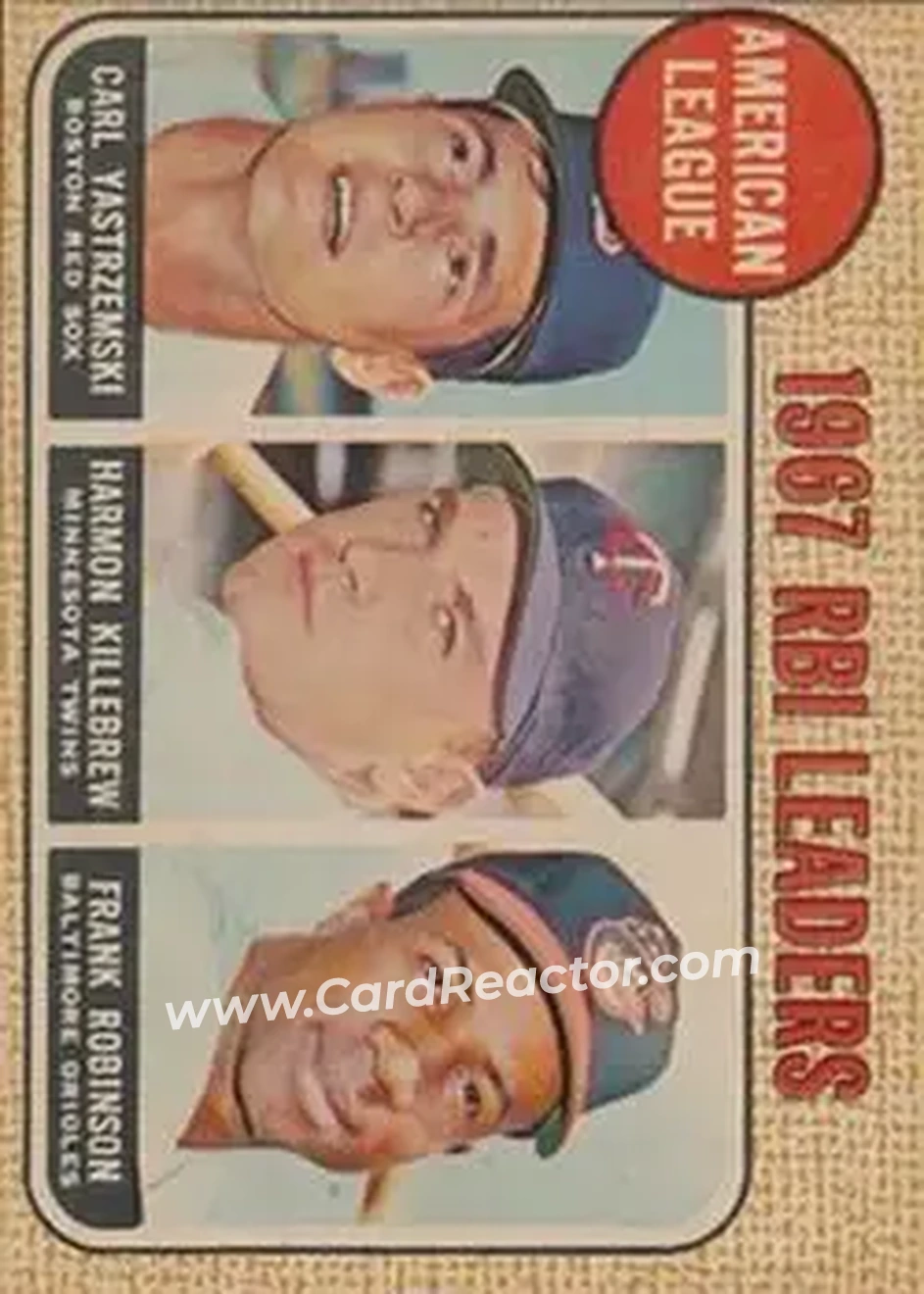 1968 Topps Venezuelan #4 - American League 1967 RBI Leaders (Carl Yastrzemski - Harmon Killebrew - Frank Robinson) LL - Boston Red Sox - Minnesota Twins - Baltimore Orioles - Front 1968 Topps Venezuelan #4 - American League 1967 RBI Leaders (Carl Yastrzemski - Harmon Killebrew - Frank Robinson) LL - Boston Red Sox - Minnesota Twins - Baltimore Orioles - Front