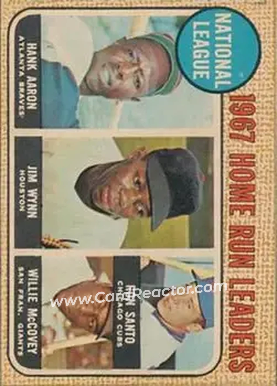 1968 Topps Venezuelan #5 - National League 1967 Home Run Leaders (Hank Aaron - Jim Wynn - Ron Santo - Willie McCovey) LL - Atlanta Braves - Houston Astros - Chicago Cubs - San Francisco Giants - Front 1968 Topps Venezuelan #5 - National League 1967 Home Run Leaders (Hank Aaron - Jim Wynn - Ron Santo - Willie McCovey) LL - Atlanta Braves - Houston Astros - Chicago Cubs - San Francisco Giants - Front