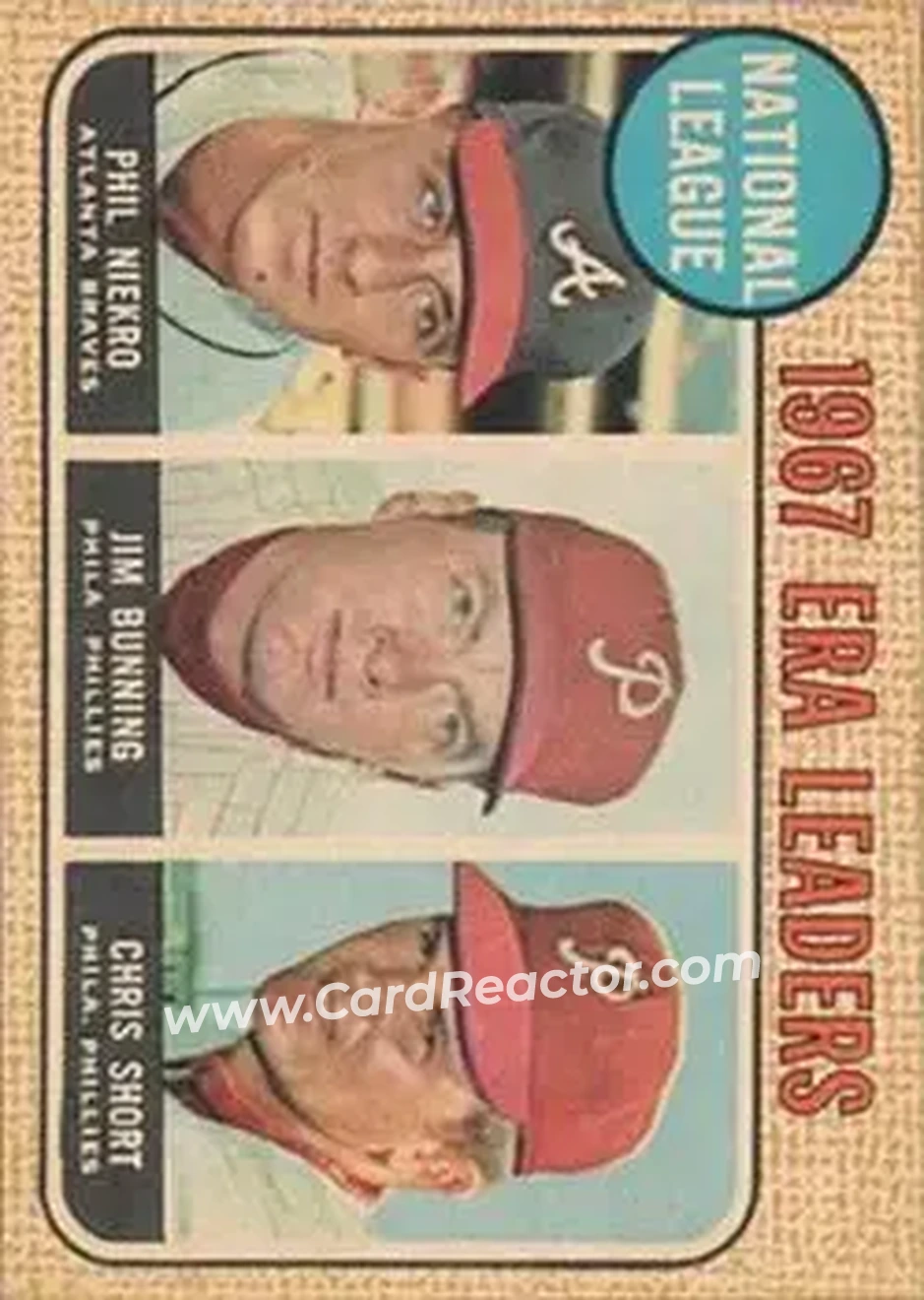 1968 Topps Venezuelan #7 - National League 1967 ERA Leaders (Phil Niekro - Jim Bunning - Chris Short) LL - Atlanta Braves - Philadelphia Phillies - Front 1968 Topps Venezuelan #7 - National League 1967 ERA Leaders (Phil Niekro - Jim Bunning - Chris Short) LL - Atlanta Braves - Philadelphia Phillies - Front