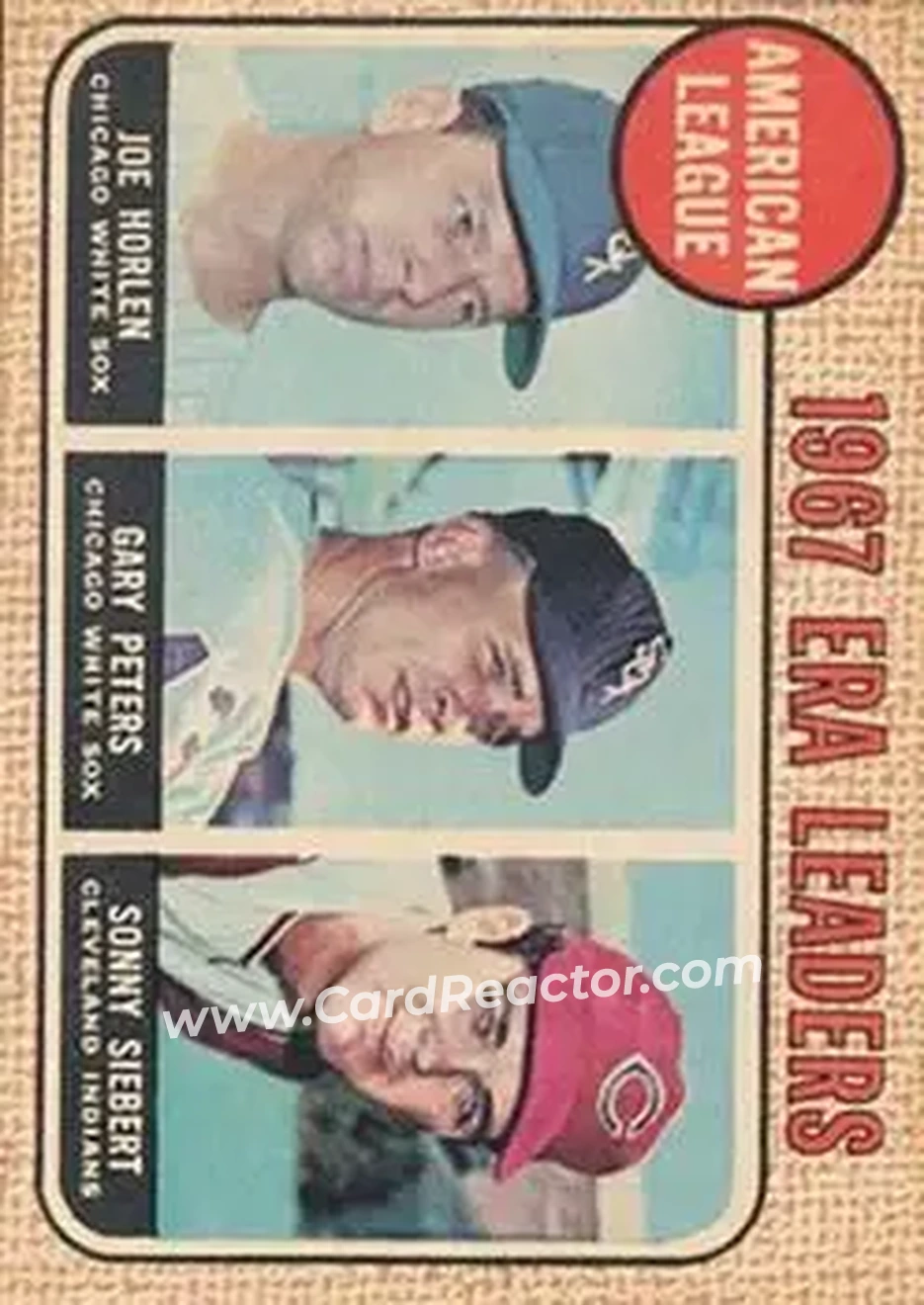1968 Topps Venezuelan #8 - American League 1967 ERA Leaders (Joe Horlen - Gary Peters - Sonny Siebert) LL - Chicago White Sox - Cleveland Indians - Front 1968 Topps Venezuelan #8 - American League 1967 ERA Leaders (Joe Horlen - Gary Peters - Sonny Siebert) LL - Chicago White Sox - Cleveland Indians - Front