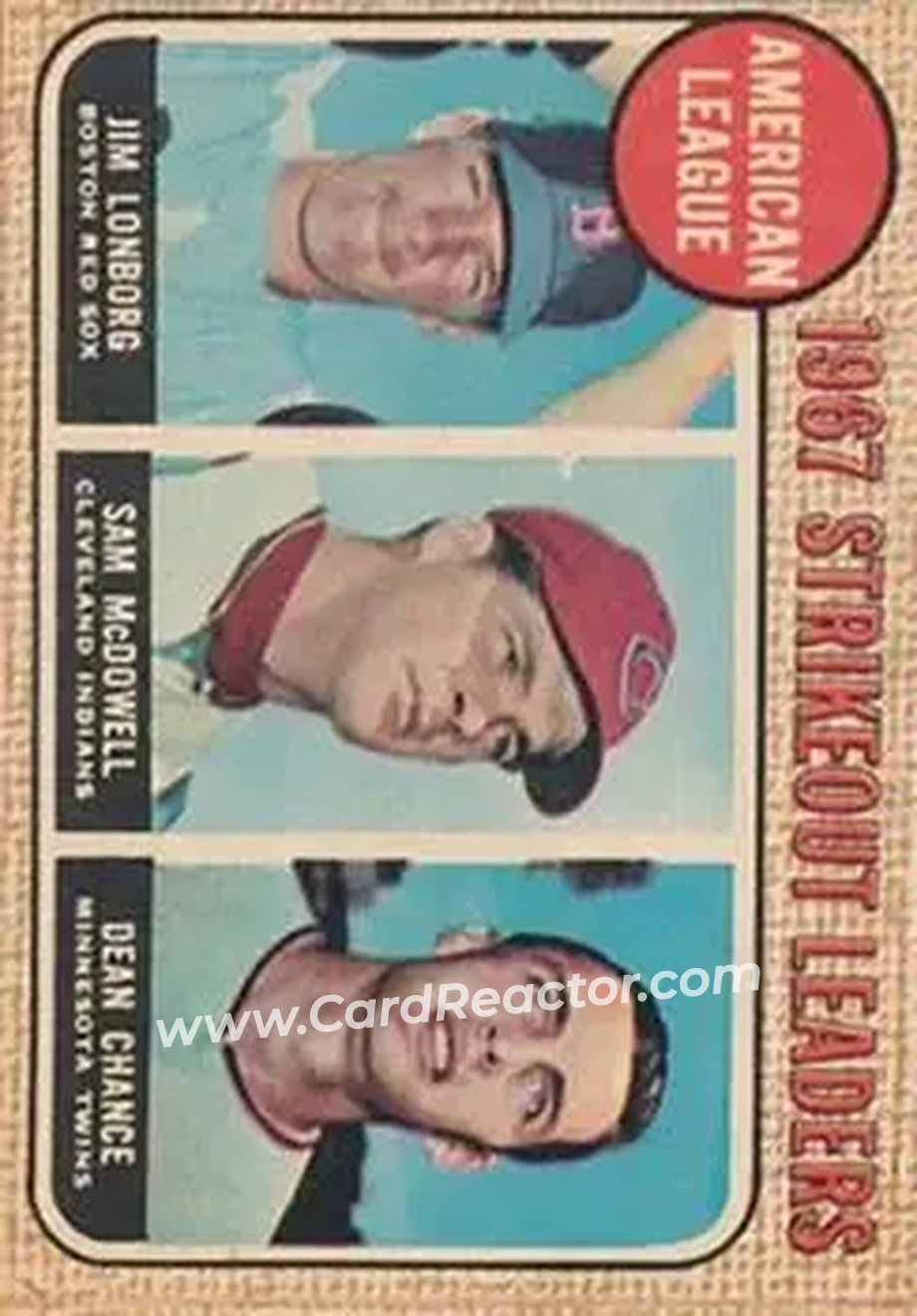 1968 Topps Venezuelan #12 - American League 1967 Strikeout Leaders (Jim Lonborg - Sam McDowell - Dean Chance) LL - Boston Red Sox - Cleveland Indians - Minnesota Twins - Front