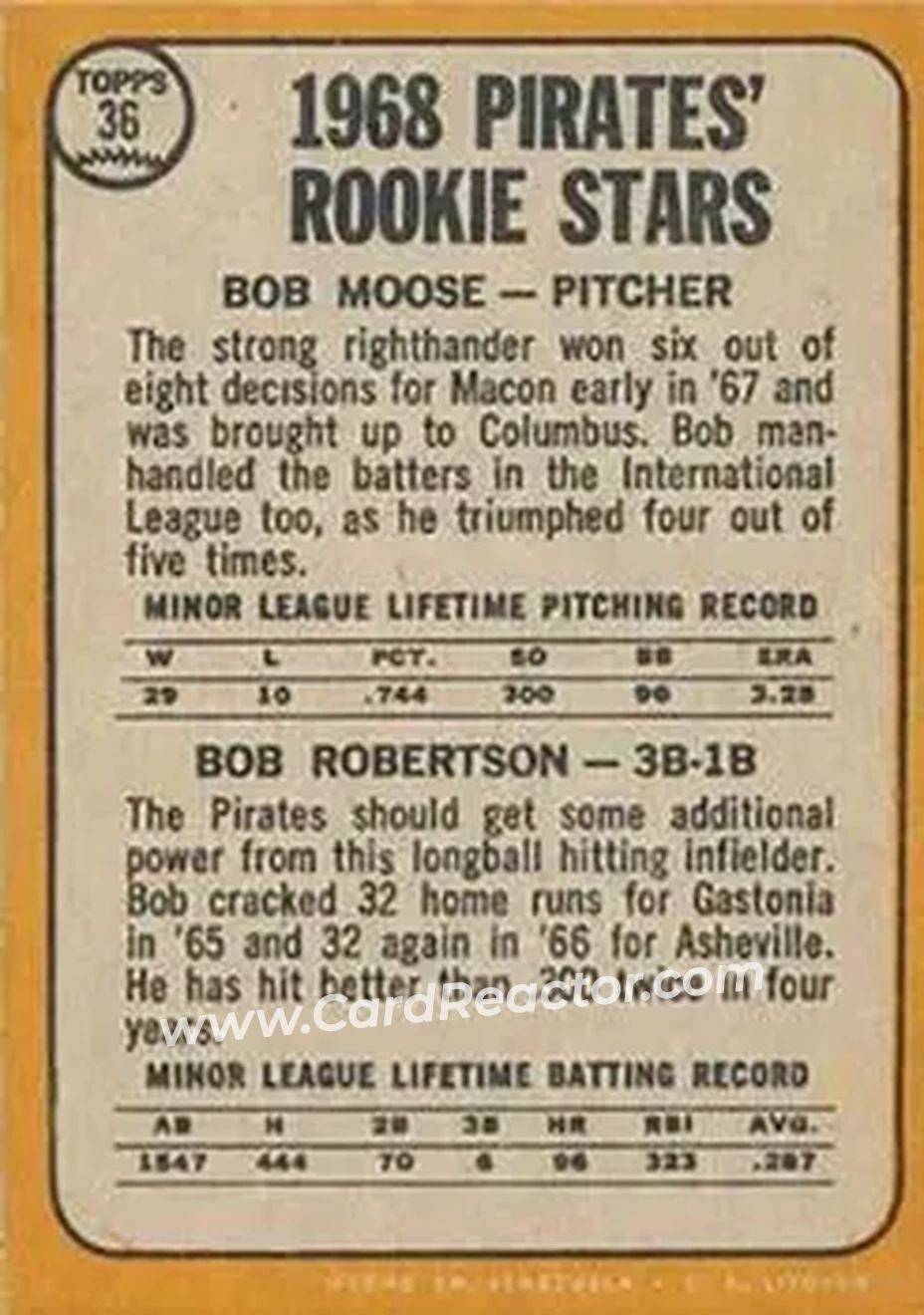1968 Topps Venezuelan #36 - Pirates 1968 Rookie Stars (Bob Moose - Bob Robertson) RS, RC - Pittsburgh Pirates - Pittsburgh Pirates - Back 1968 Topps Venezuelan #36 - Pirates 1968 Rookie Stars (Bob Moose - Bob Robertson) RS, RC - Pittsburgh Pirates - Pittsburgh Pirates - Back