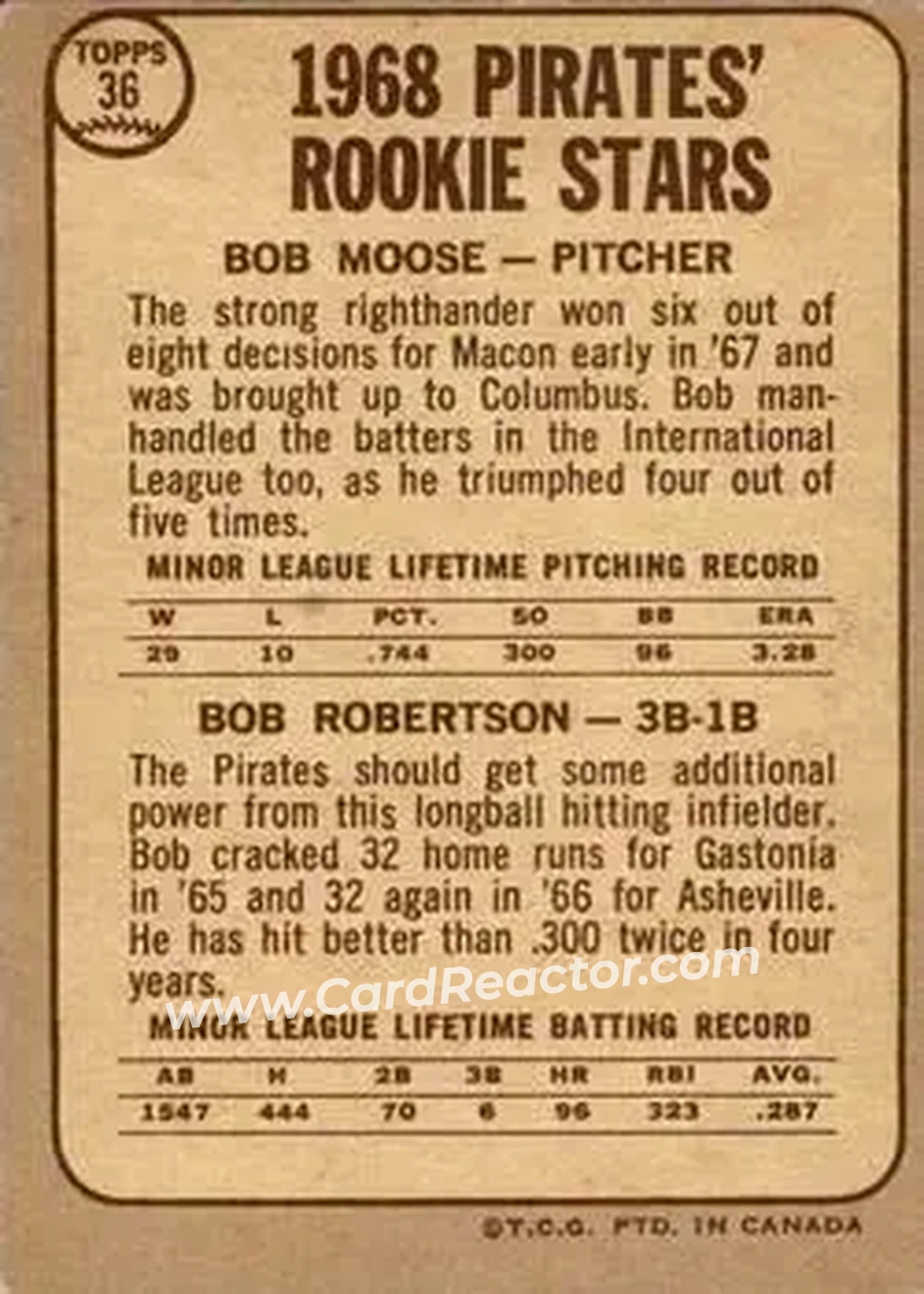 1968 O-Pee-Chee #36 - Pirates 1968 Rookie Stars (Bob Moose - Bob Robertson) RS, RC - Pittsburgh Pirates - Pittsburgh Pirates - Back 1968 O-Pee-Chee #36 - Pirates 1968 Rookie Stars (Bob Moose - Bob Robertson) RS, RC - Pittsburgh Pirates - Pittsburgh Pirates - Back