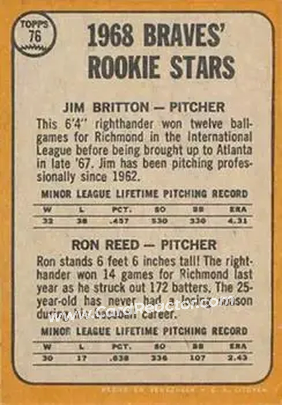 1968 Topps Venezuelan #76 - Braves 1968 Rookie Stars (Jim Britton - Ron Reed) RS, RC - Atlanta Braves - Atlanta Braves - Back 1968 Topps Venezuelan #76 - Braves 1968 Rookie Stars (Jim Britton - Ron Reed) RS, RC - Atlanta Braves - Atlanta Braves - Back