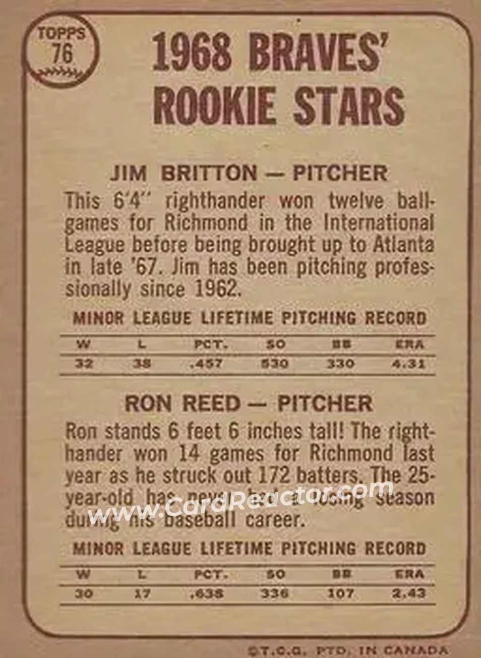 1968 O-Pee-Chee #76 - Braves 1968 Rookie Stars (Jim Britton - Ron Reed) RS, RC - Atlanta Braves - Atlanta Braves - Back