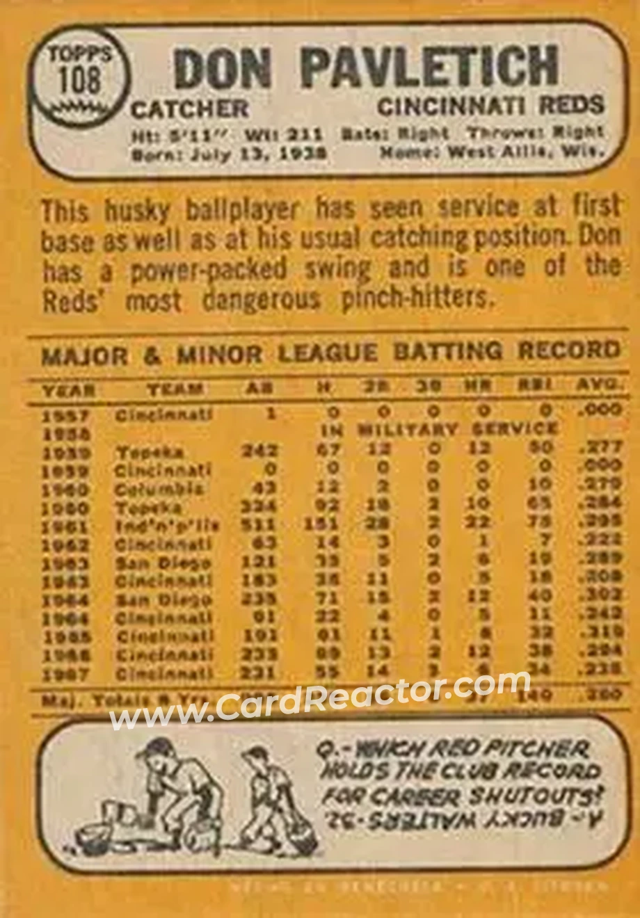 1968 Topps Venezuelan #108 - Don Pavletich - Cincinnati Reds - Back 1968 Topps Venezuelan #108 - Don Pavletich - Cincinnati Reds - Back