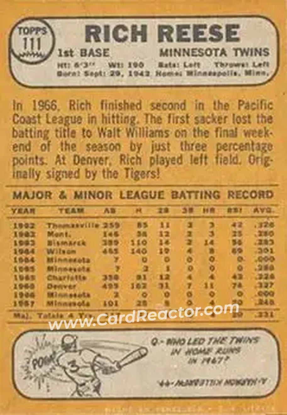 1968 Topps Venezuelan #111 - Rich Reese - Minnesota Twins - Back