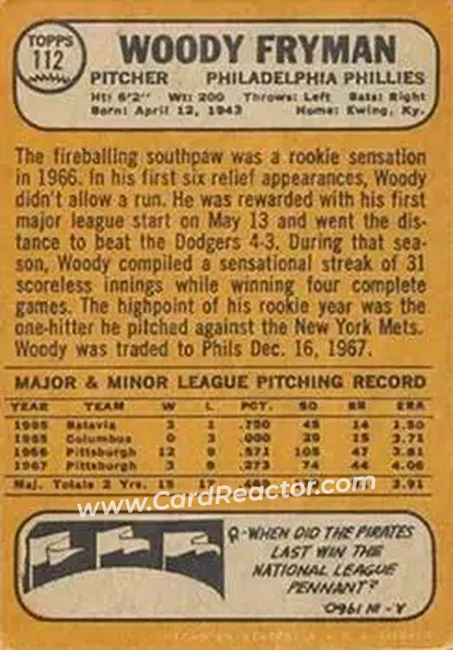 1968 Topps Venezuelan #112 - Woody Fryman - Philadelphia Phillies - Back 1968 Topps Venezuelan #112 - Woody Fryman - Philadelphia Phillies - Back