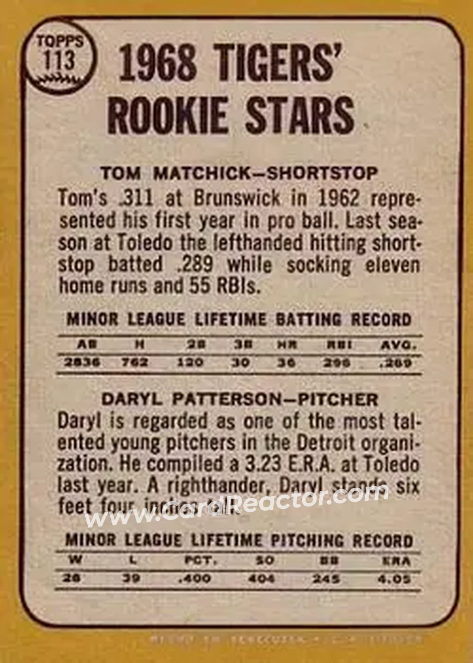 1968 Topps Venezuelan #113 - Tigers 1968 Rookie Stars (Tom Matchick - Daryl Patterson) RS, RC - Detroit Tigers - Detroit Tigers - Back