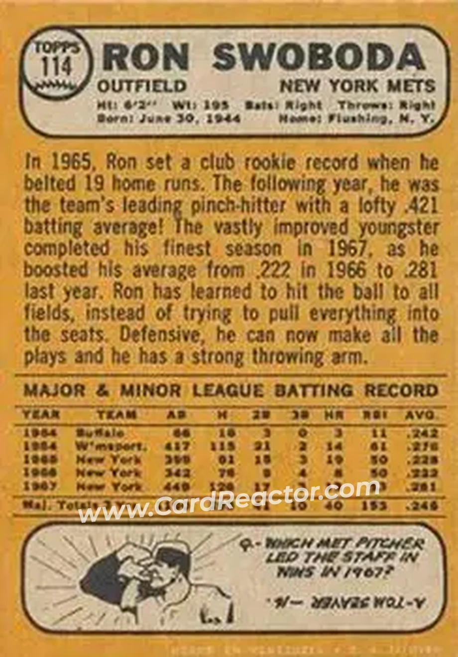 1968 Topps Venezuelan #114 - Ron Swoboda - New York Mets - Back 1968 Topps Venezuelan #114 - Ron Swoboda - New York Mets - Back