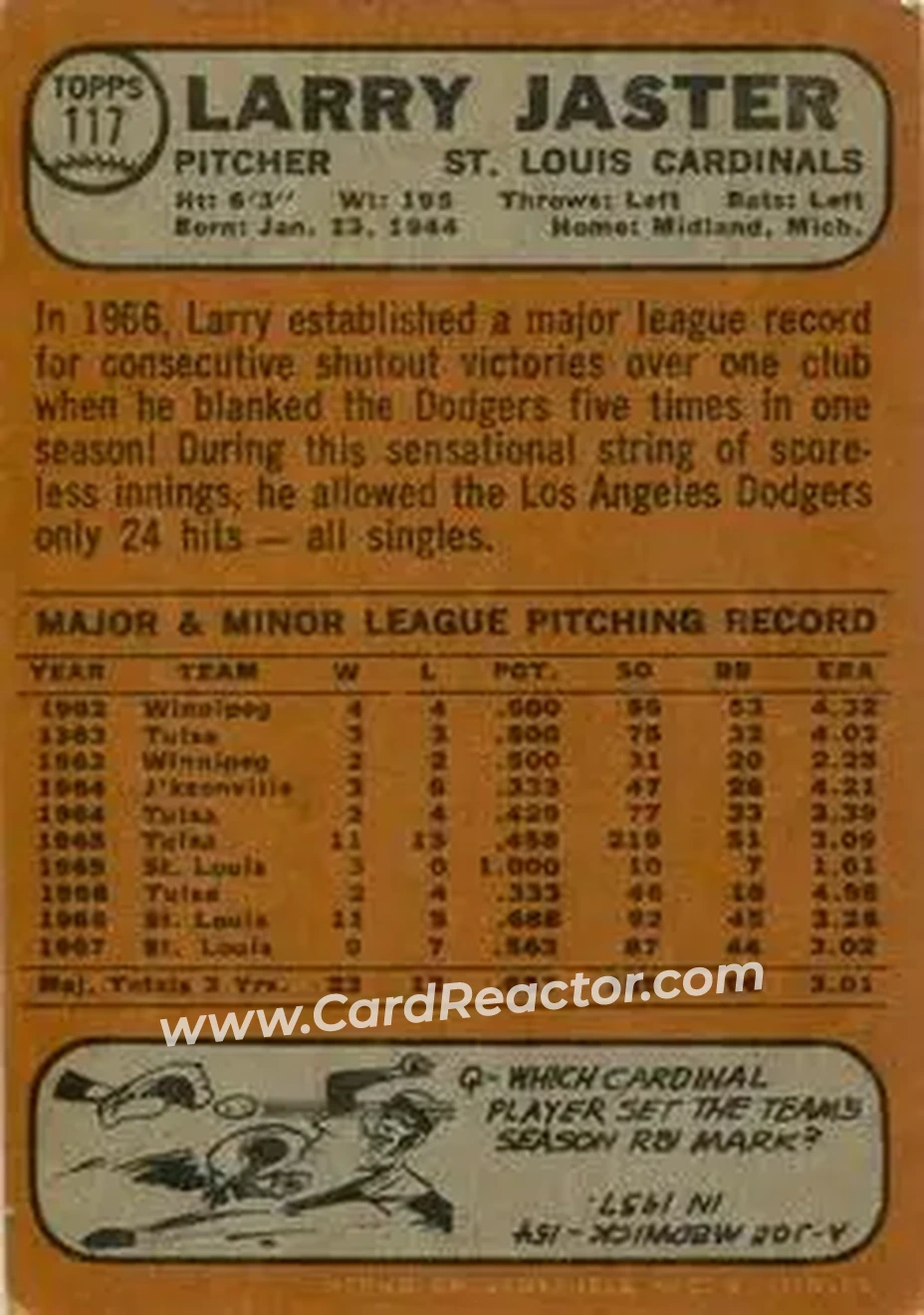 1968 Topps Venezuelan #117 - Larry Jaster - St. Louis Cardinals - Back