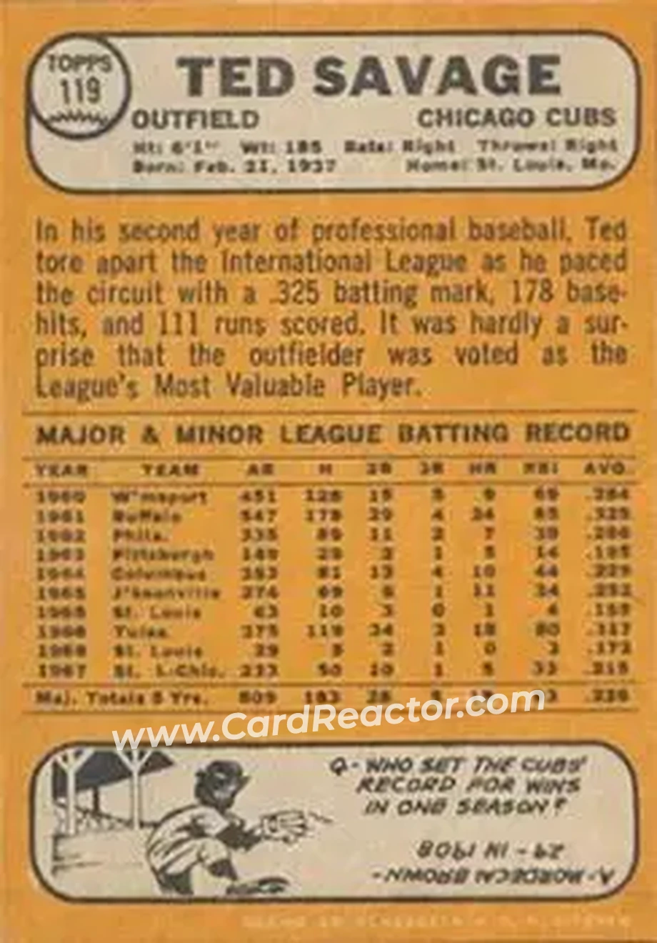 1968 Topps Venezuelan #119 - Ted Savage - Chicago Cubs - Back