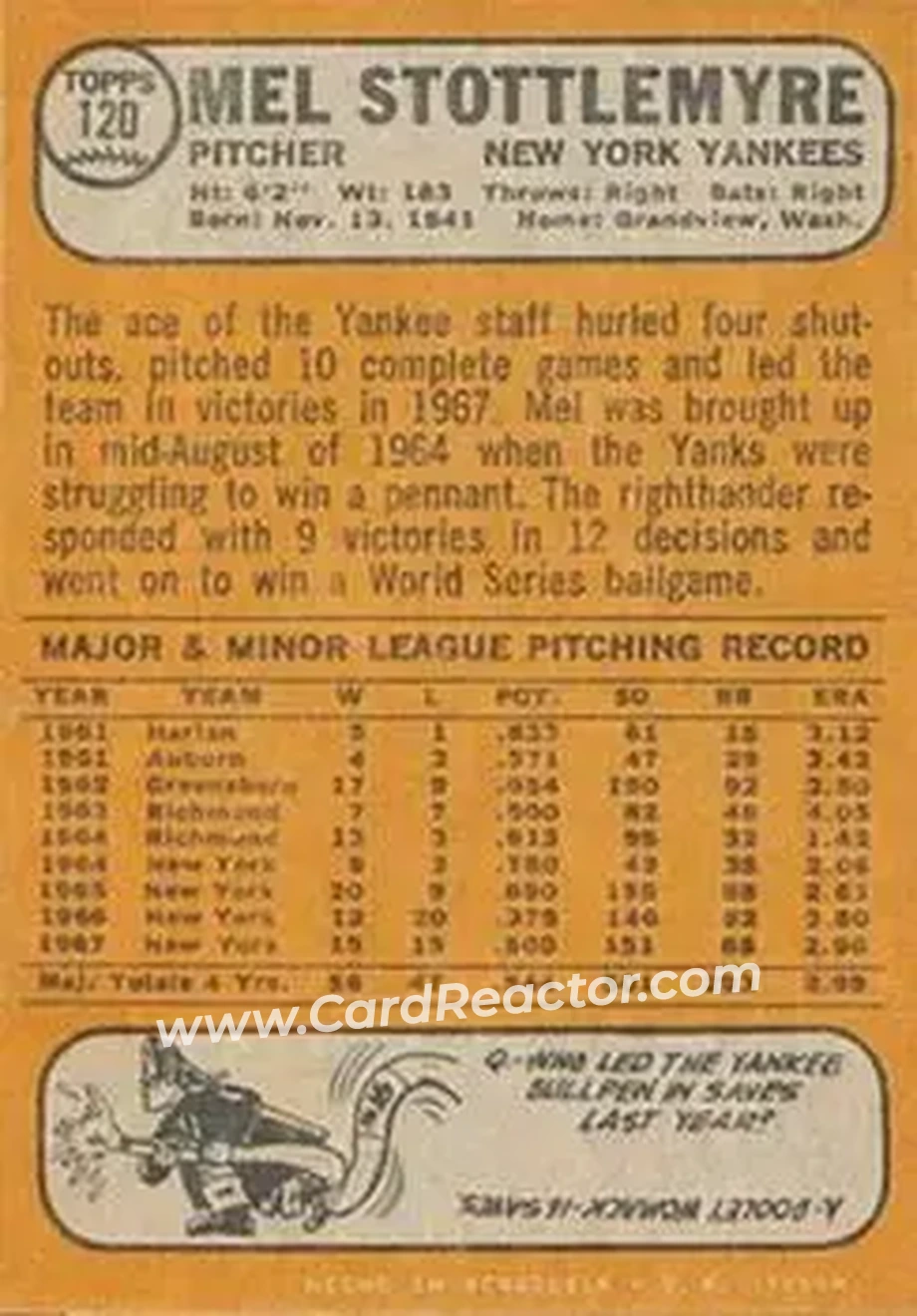 1968 Topps Venezuelan #120 - Mel Stottlemyre - New York Yankees - Back