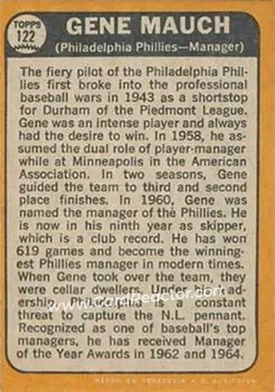 1968 Topps Venezuelan #122 - Gene Mauch - Philadelphia Phillies - Back