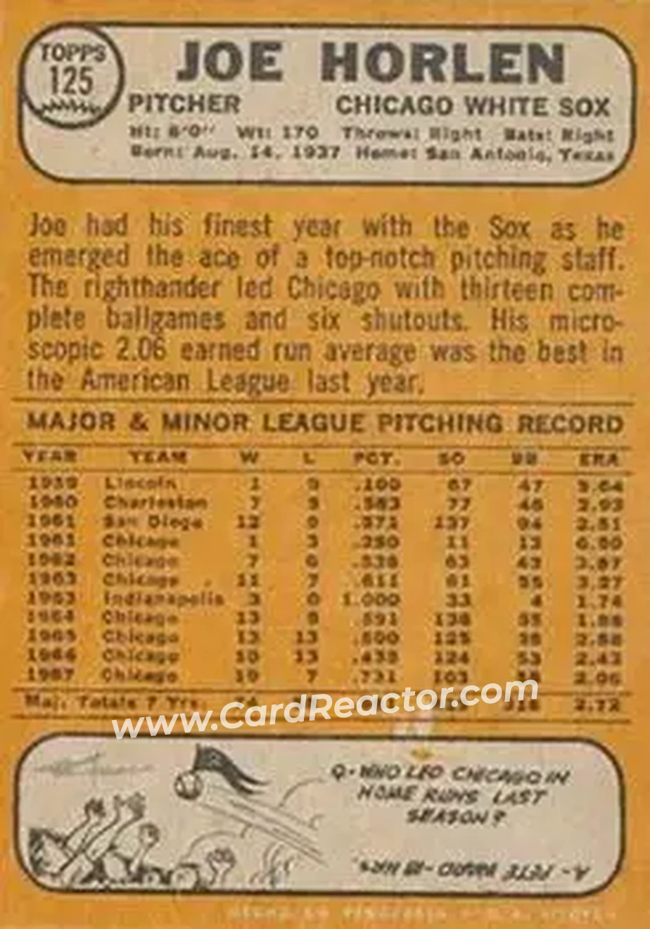 1968 Topps Venezuelan #125 - Joel Horlen - Chicago White Sox - Back